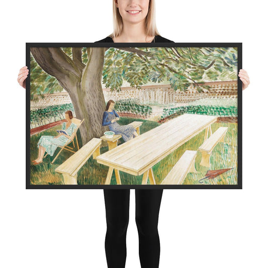 1930s Tirzah Garwood and Charlotte Bawden in Brick House - Great Bardfield Two Women in A Garden by Eric Ravilious, Framed poster