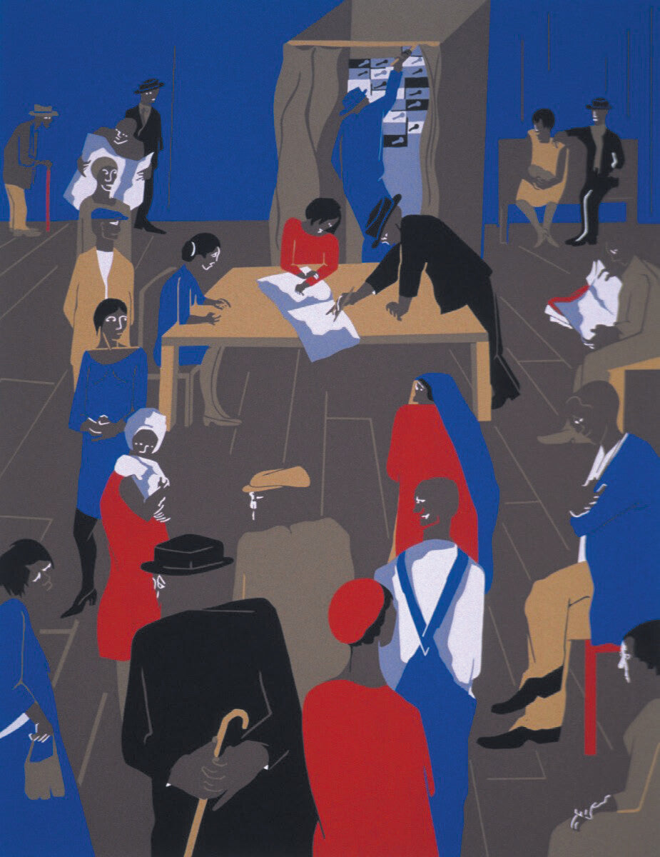 The Migrants Arrive and Cast Their Ballots, Migration Series, by Jacob Lawrence