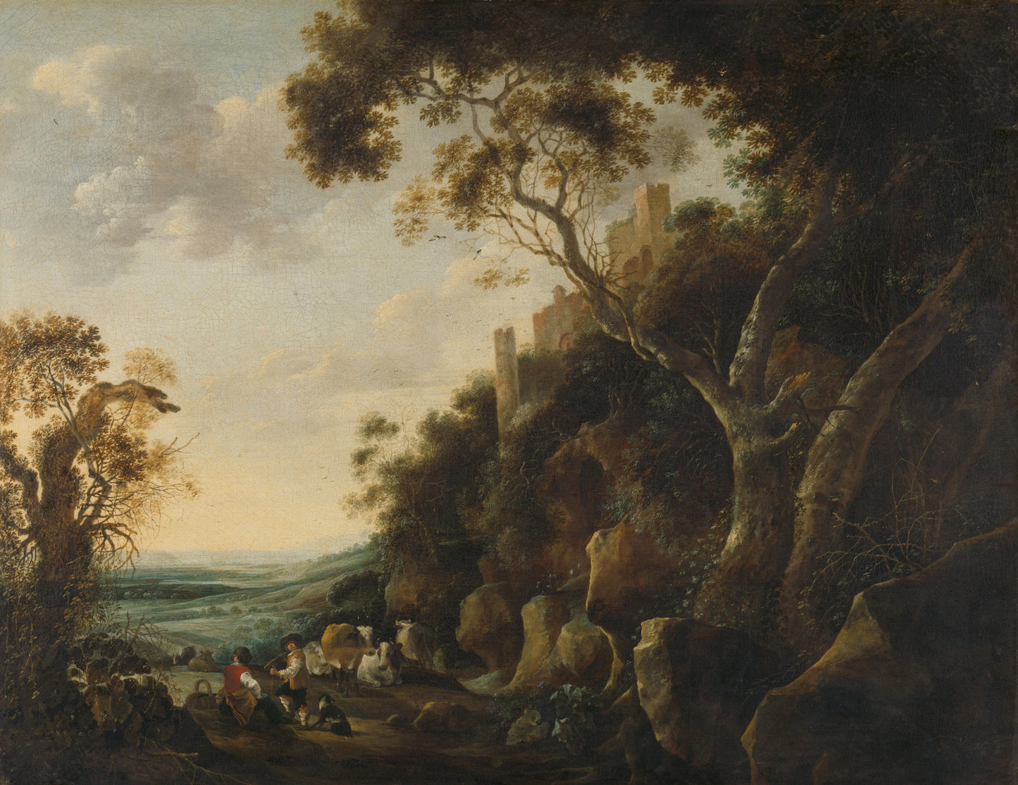 Landscape with Herdsmen – Gijsbert Gillisz. de Hondecoeter (vermeld op object) Vintage Landscape Art Print | Wall Art Poster