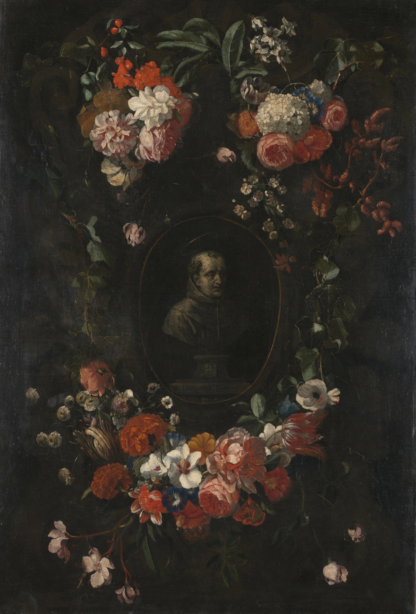 Feigned Sculpted Bust of the Blessed Hieronymus Werdanus Set in a Feigned Stone Cartouche, Decorated with a Swag and Two Bunches of Flowers – Wouter Gysaerts, David Teniers (II) Vintage Still Life Art Print | Wall Art Poster