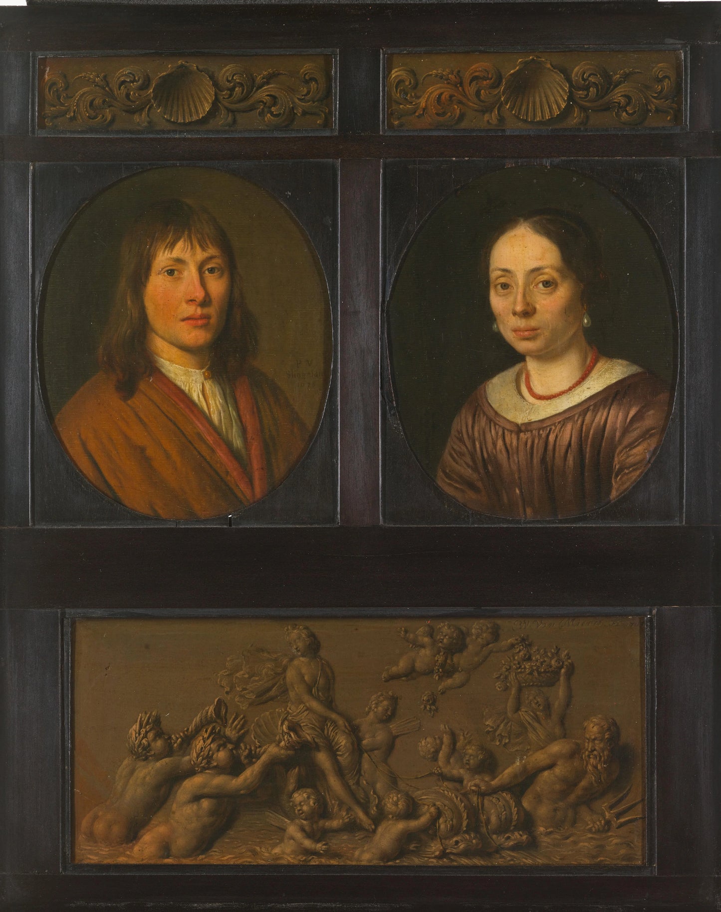 Portraits of a Man and a Woman framed with two ornamental frieze miniatures with shell motif and a Triumph of Amphitrite – Pieter Cornelisz. van Slingelandt Vintage Portrait Art Print | Wall Art Poster