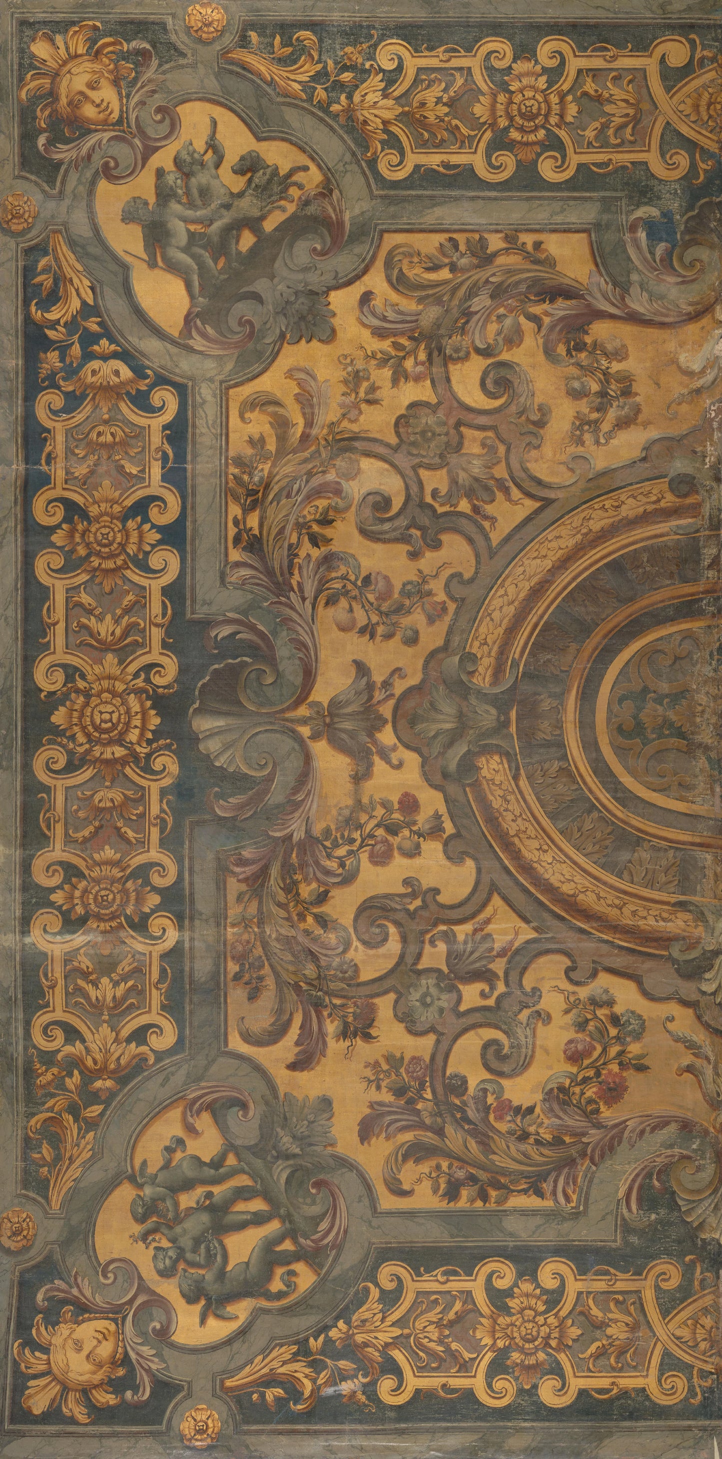Ornamentale plafondschildering met in de hoeken voorstellingen van putti – attributed to Elias van Nijmegen Vintage Art Print | Wall Art Poster