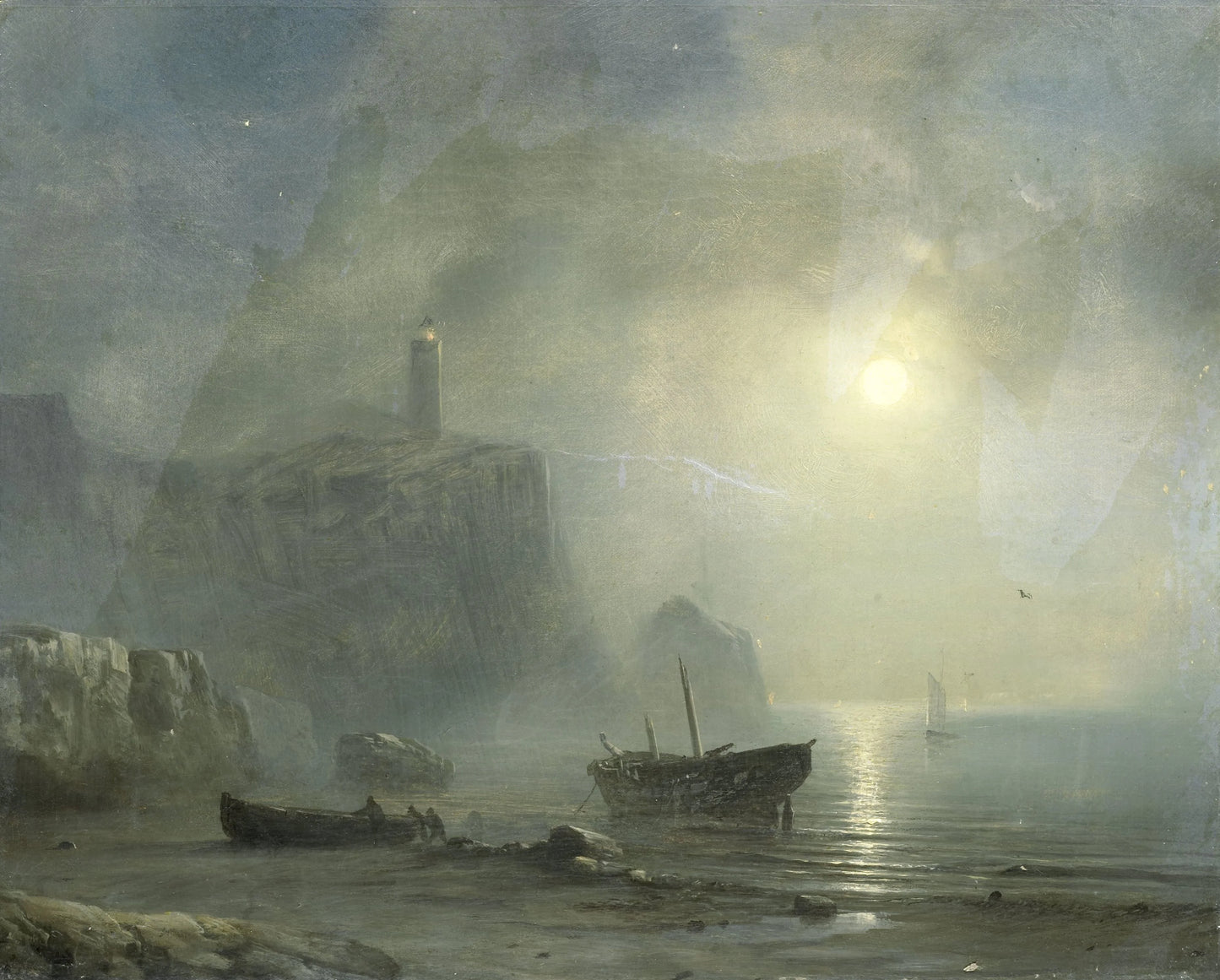 View of a Rocky Coast by Moonlight – toegeschreven aan Théodore Gudin Vintage Marine Scene Art Print | Wall Art Poster