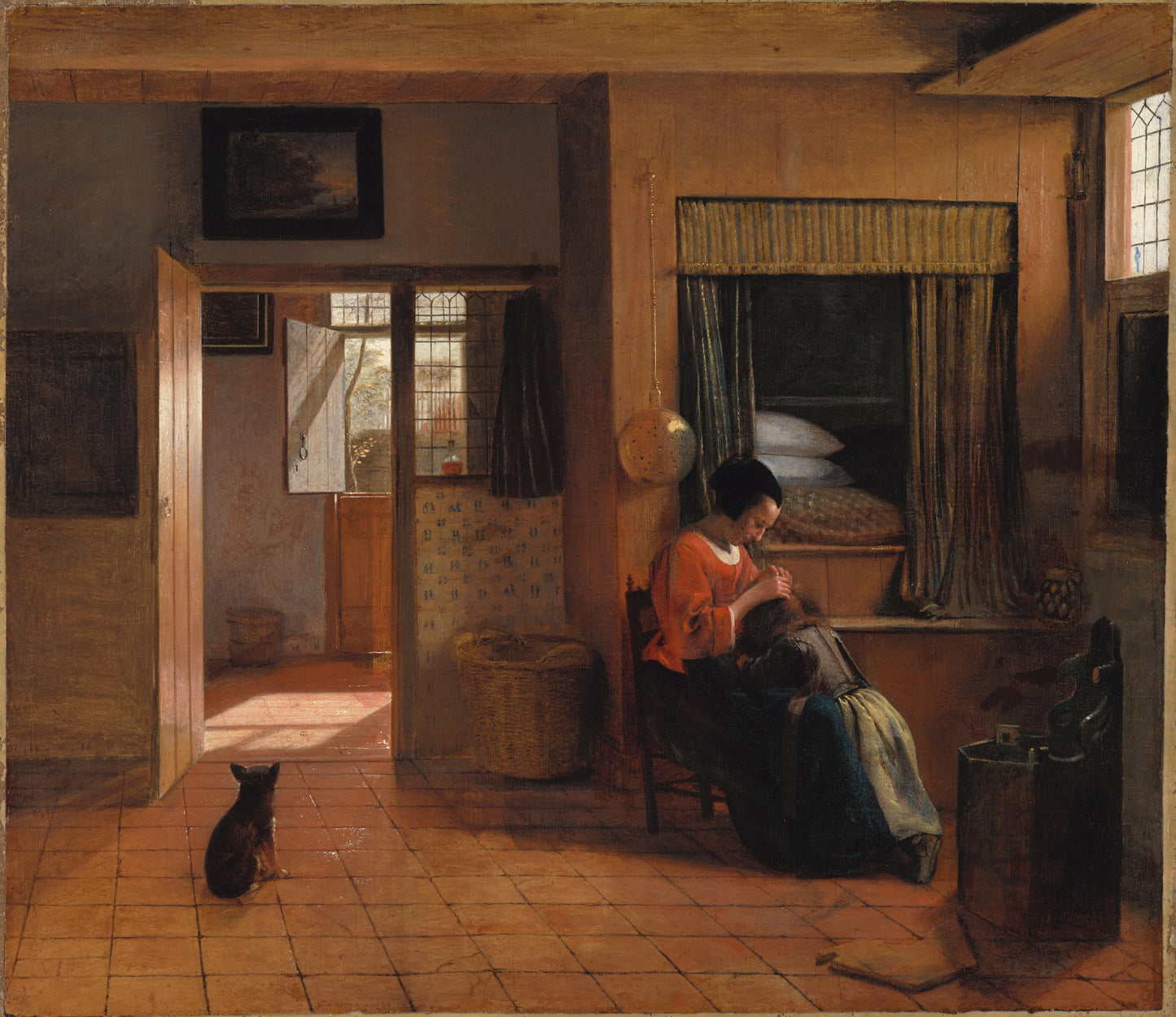 A Mother Delousing her Child’s Hair, Known as ‘A Mother’s Duty’ – Pieter de Hooch Vintage Garden Scene Art Print | Wall Art Poster