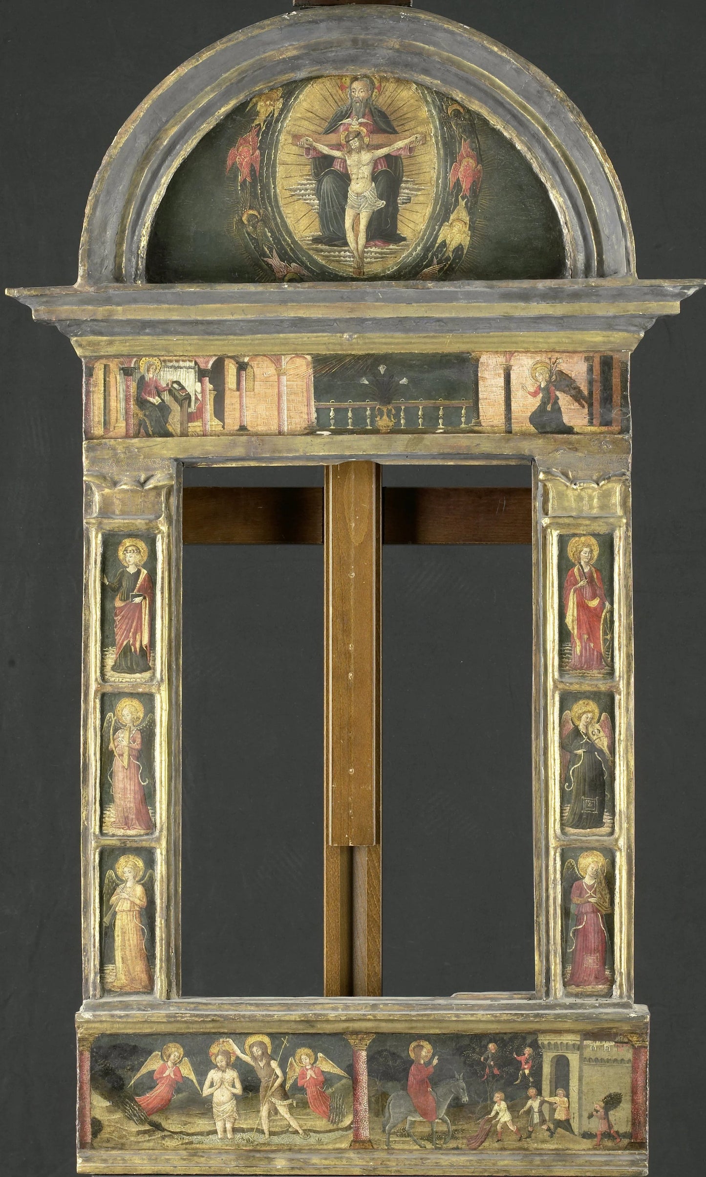 Frame depicting the Annunciation, Baptism of Christ, Entry into Jerusalem, Saints Cecilia and Catherine of Alexandria, Trinity (Gnadenstuhl, Mercy Seat), and four Music-making Angels – omgeving van Giovanni di Francesco del Cervelliera Vintage River Scene