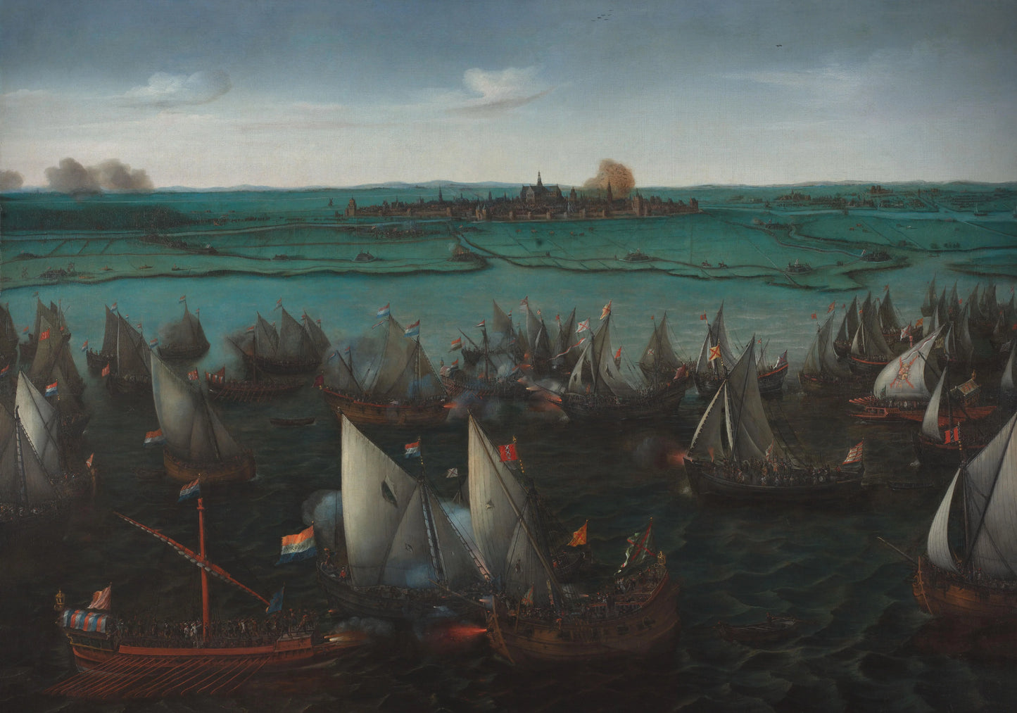 Battle between Dutch and Spanish Ships on the Haarlemmermeer – Hendrik Cornelisz. Vroom (eigenhandig gesigneerd) Vintage Cityscape Art Print | Wall Art Poster