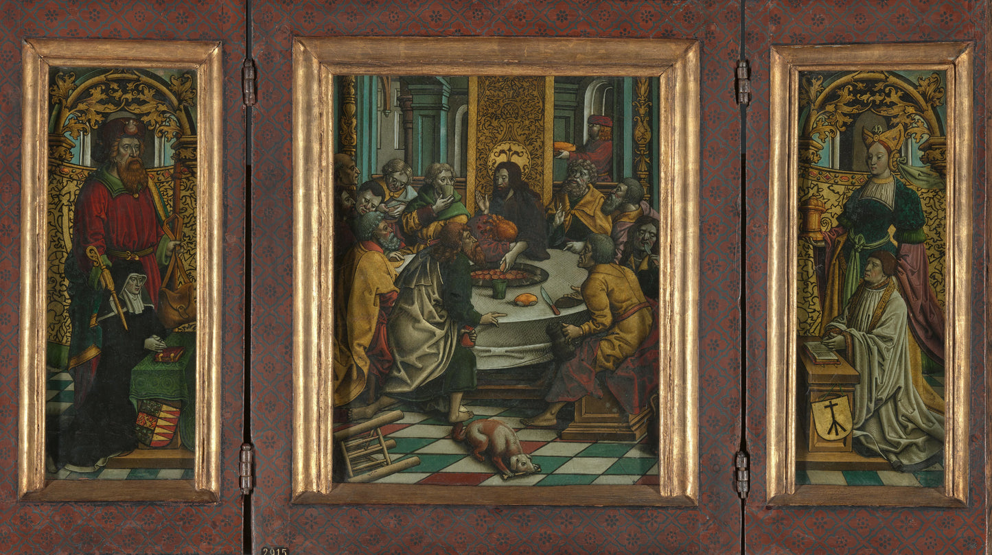 Triptych with the Last Supper (centre panel), Adriana van Roon (c. 1450-1527) with St James the Greater (inner left wing), Dirk Pietersz Spangert (c. 1465-1549) with St Mary Magdalen (inner right wing), the coats of arms of Adriana van Roon (outer left wi