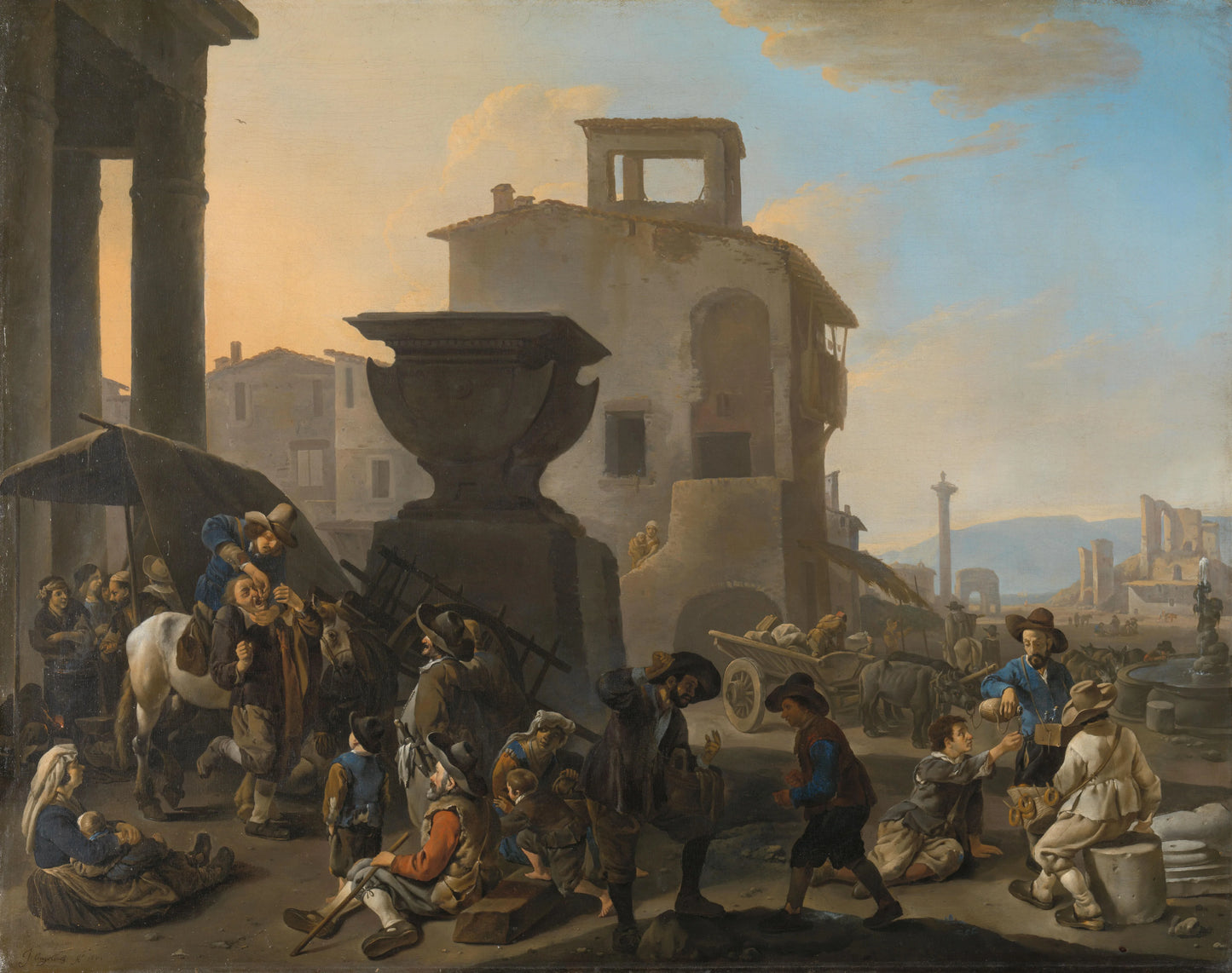 Italian Marketplace with a Quack Dentist – Johannes Lingelbach Vintage Landscape Art Print | Wall Art Poster