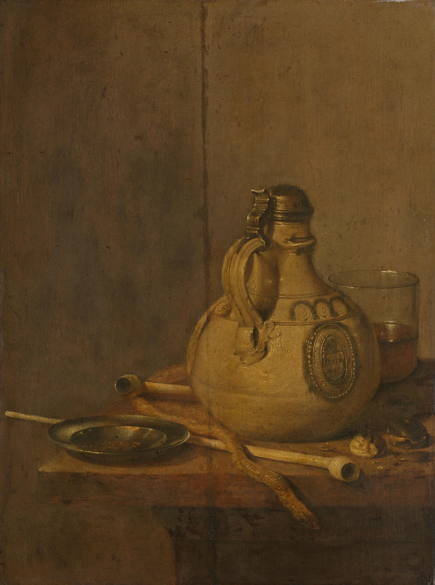 Still Life with Westerwald Jug and Smoking Paraphernalia – Jan Jansz. Treck (eigenhandig gesigneerd) Vintage Still Life Art Print | Wall Art Poster