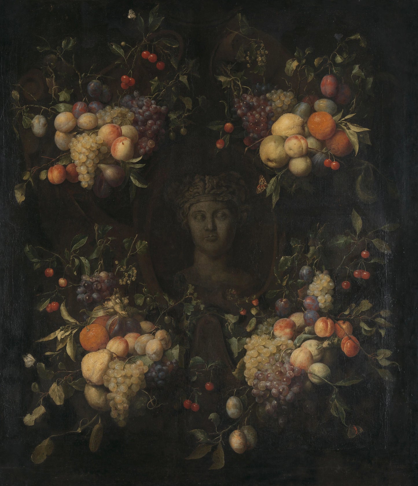Simulated Sculpted Head of a Woman in a Cartouche Decorated with Swags of Fruit – Joris van Son Vintage Still Life Art Print | Wall Art Poster