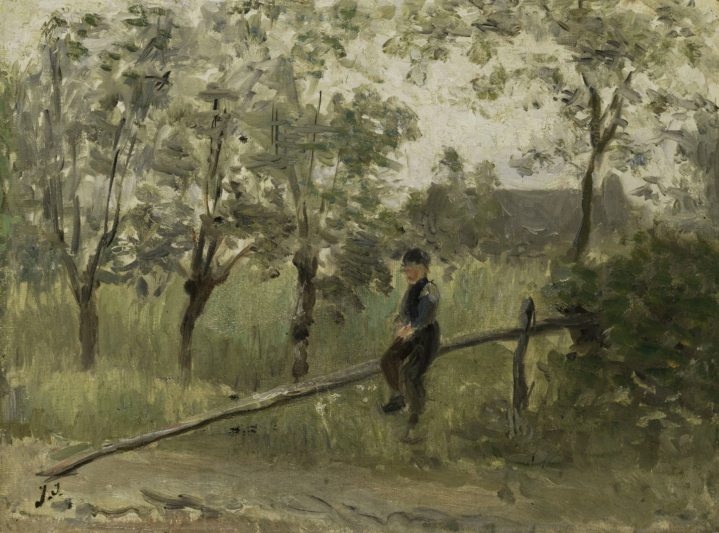 Country Boy on a Pole Barrier – Jozef Israëls (vermeld op object) Vintage Landscape Art Print | Wall Art Poster