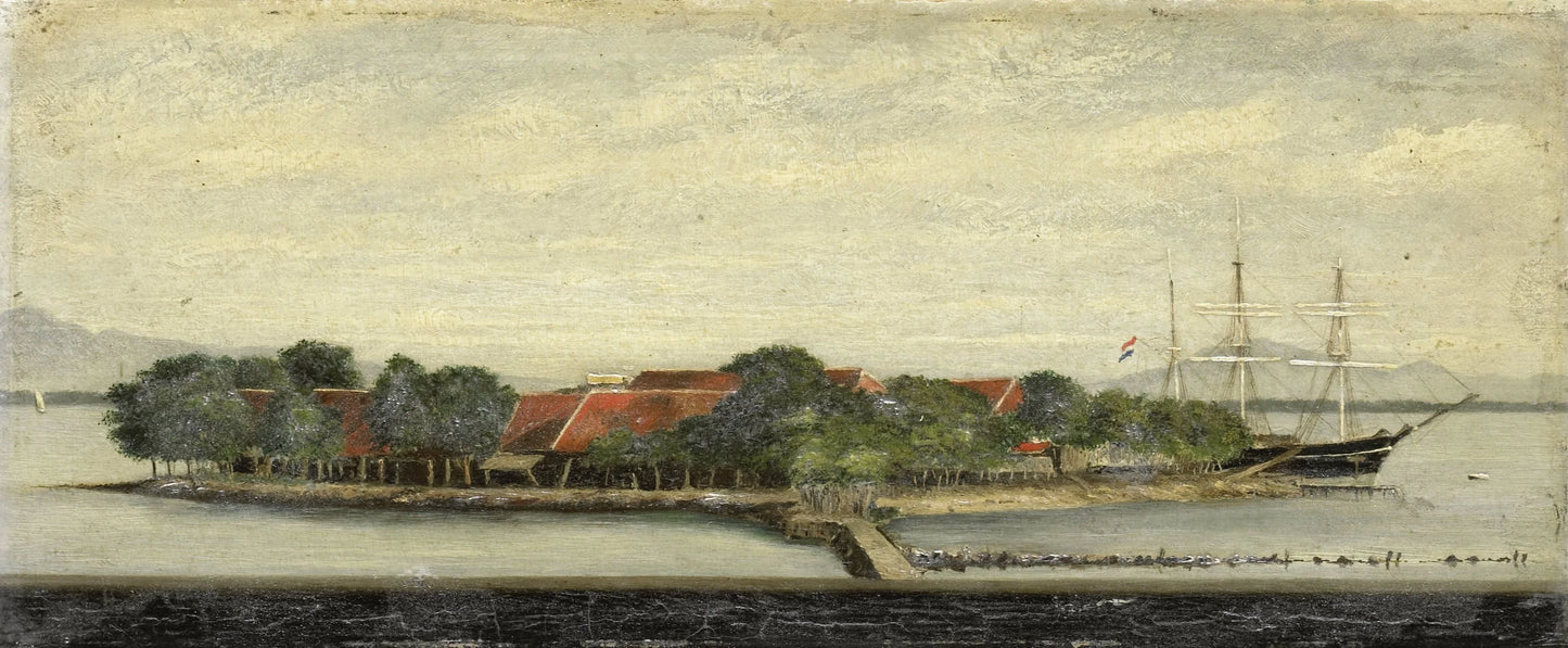 Gezicht op het eiland Kuiper in de baai van Batavia – Jacob Pieter Mercier Vintage Landscape Art Print | Wall Art Poster