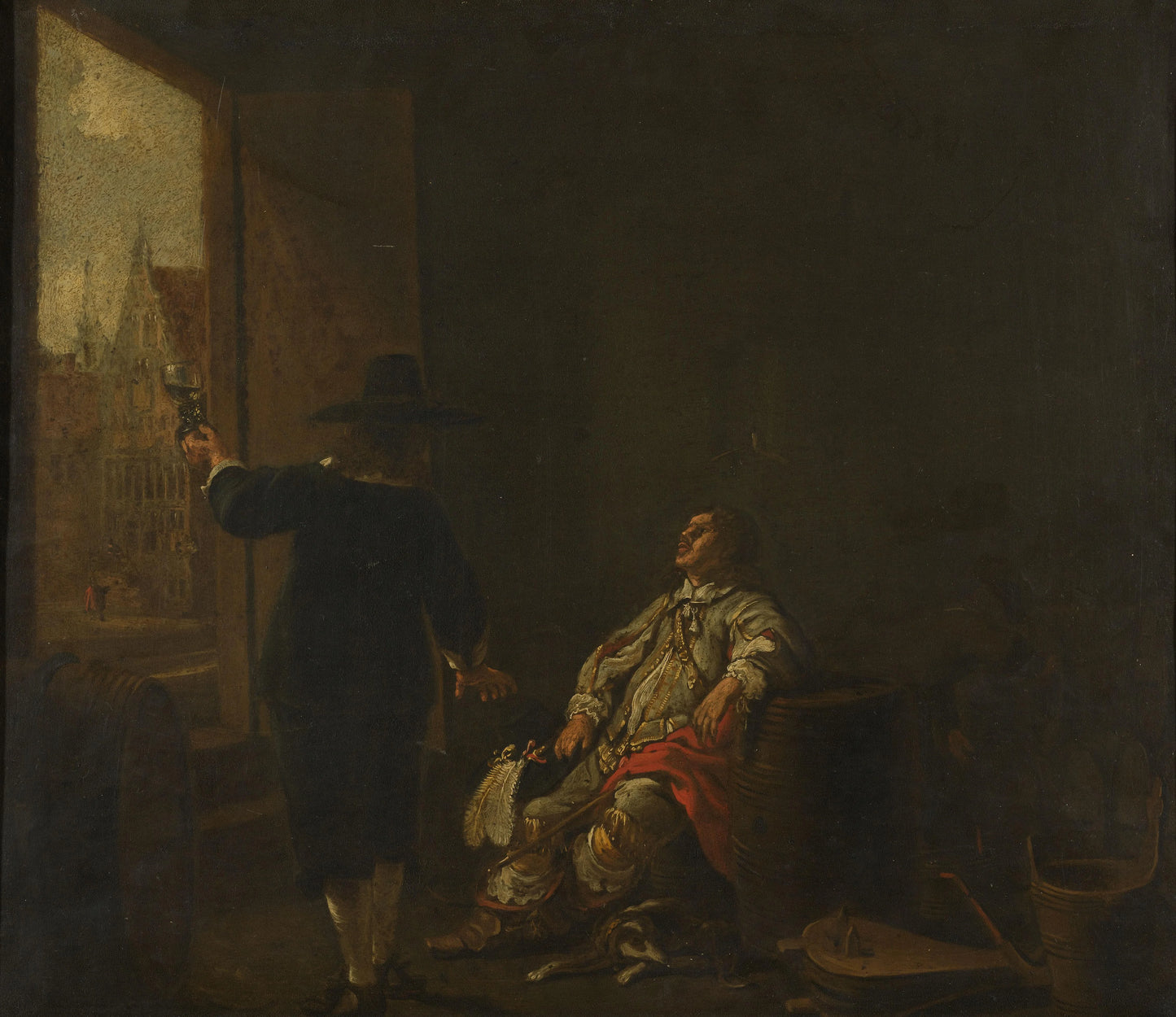 Signboard of a Wineshop, with Tasting the Wine on one side and Barreling the Wine on the other – omgeving van Aelbert Cuyp Vintage Art Print | Wall Art Poster