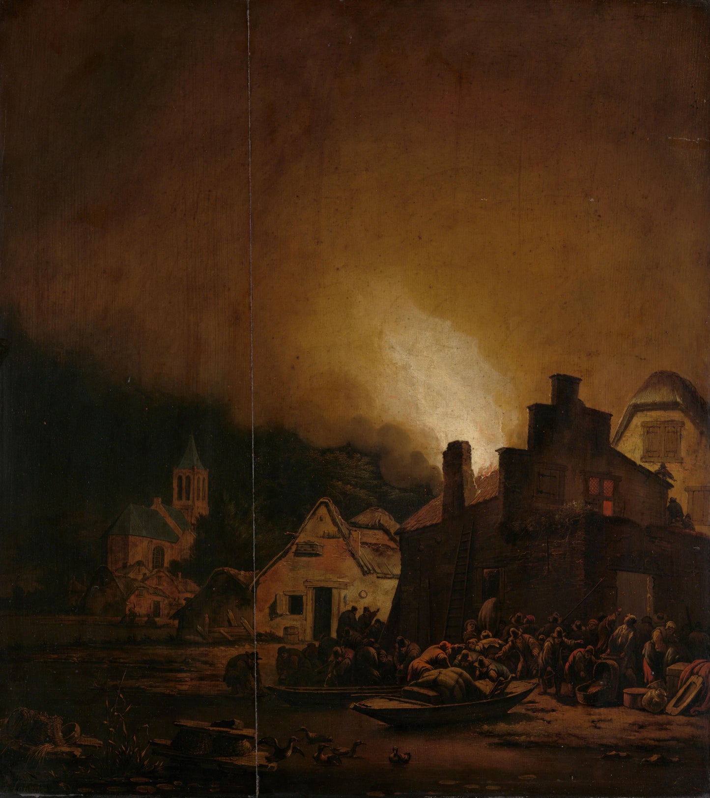 Fire by night in a Village – Adam Colonia Vintage Landscape Art Print | Wall Art Poster
