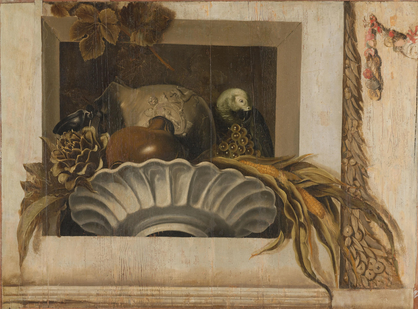 Still Life with a Bowl of Corn, Artichokes, Grapes and a Parrot – Jacob van Campen Vintage Still Life Art Print | Wall Art Poster