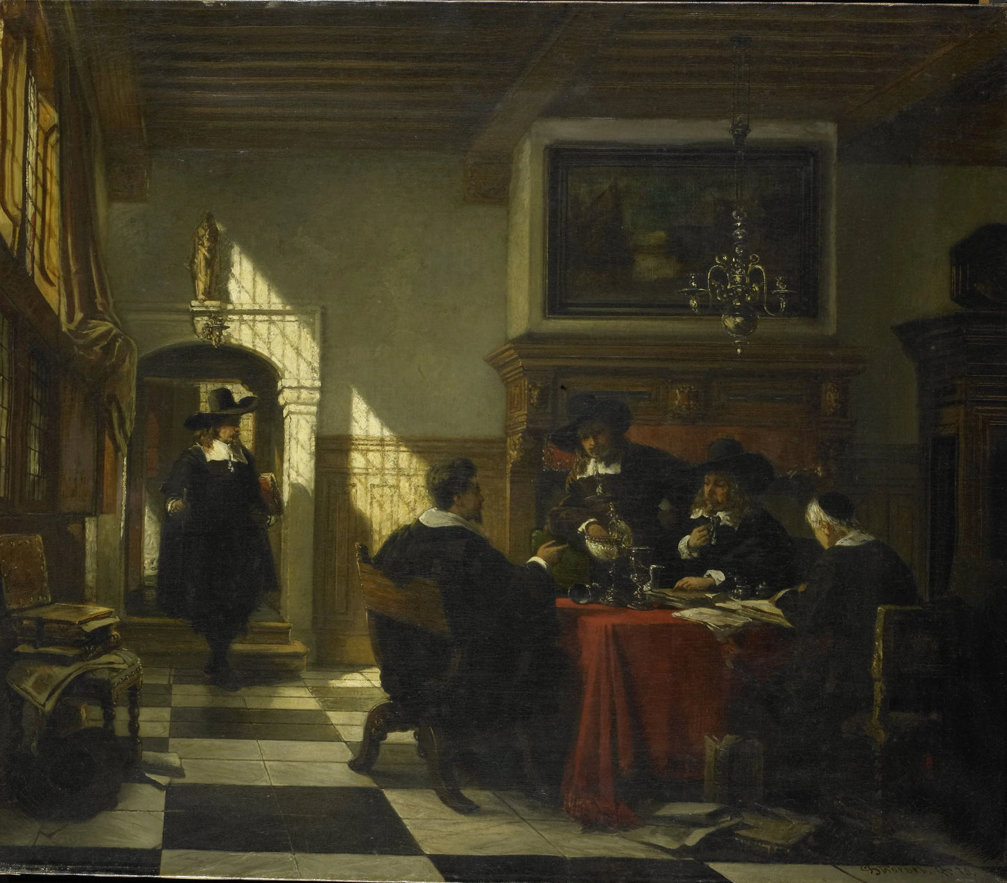 Gezelschap in 17e-eeuwse dracht bij een tafel waarop een Nautilusbeker – Johannes Stroebel Vintage Art Print | Wall Art Poster