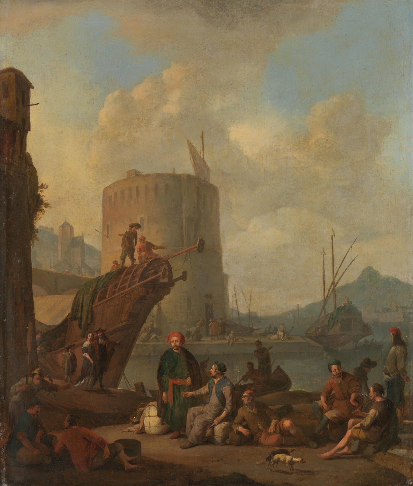 Italian Harbor with a Fortified Tower – Johannes Lingelbach Vintage Marine Scene Art Print | Wall Art Poster