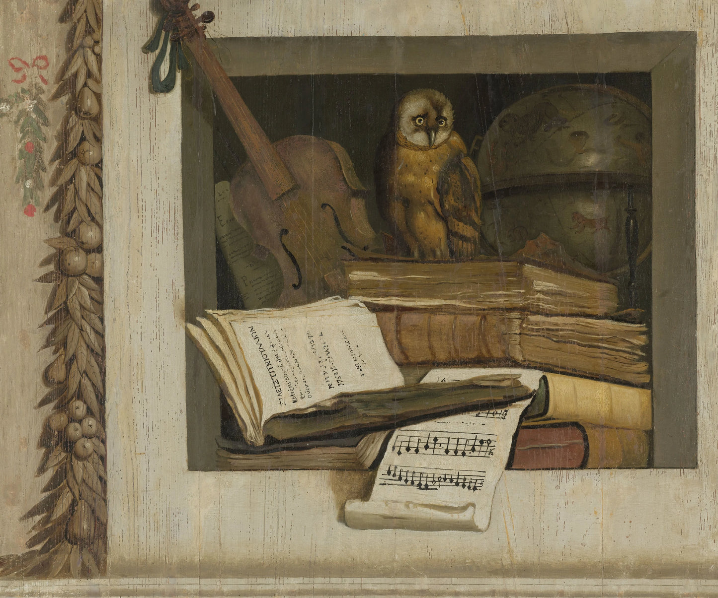 Still Life with Books, Sheet Music, Violin, Celestial Globe and an Owl – Jacob van Campen Vintage Still Life Art Print | Wall Art Poster