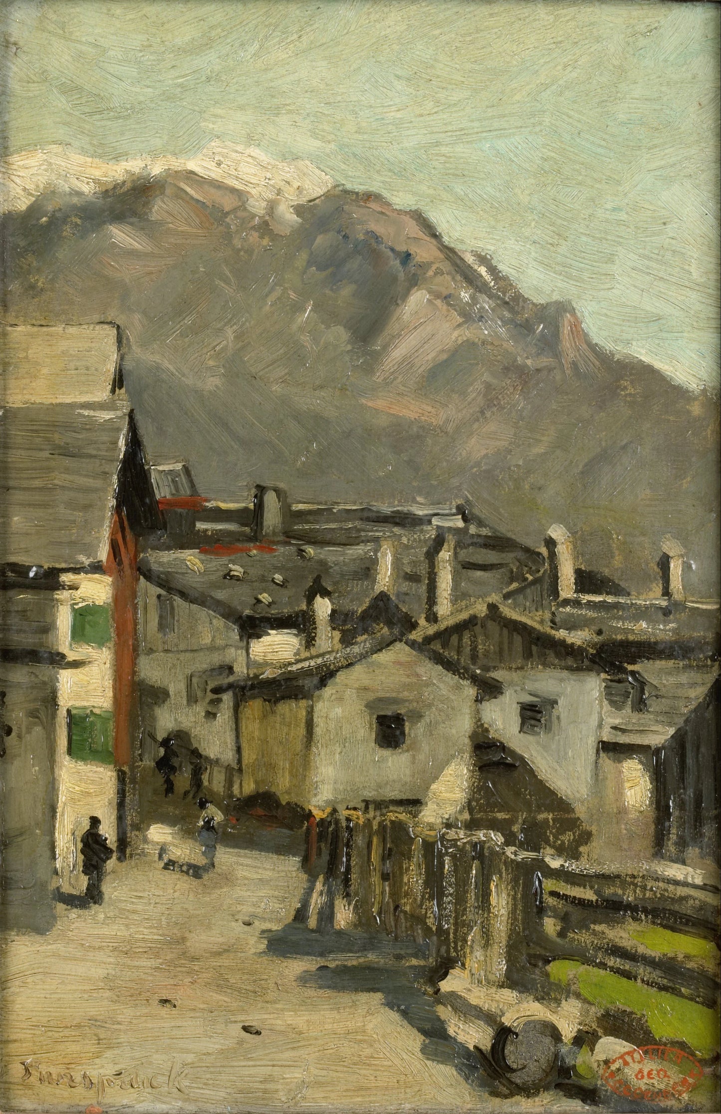 Houses along a road near a mountain (Innsbruck?) – Geo Poggenbeek Vintage Landscape Art Print | Wall Art Poster
