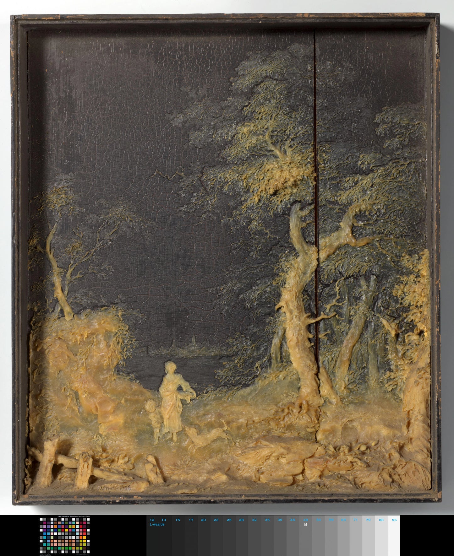 Landschap, waarin een vrouw, kind en hond als stoffage, uitgevoerd in gele was op zwart gelakt paneel – J. van Straten (mentioned on object) Vintage Art Print | Wall Art Poster