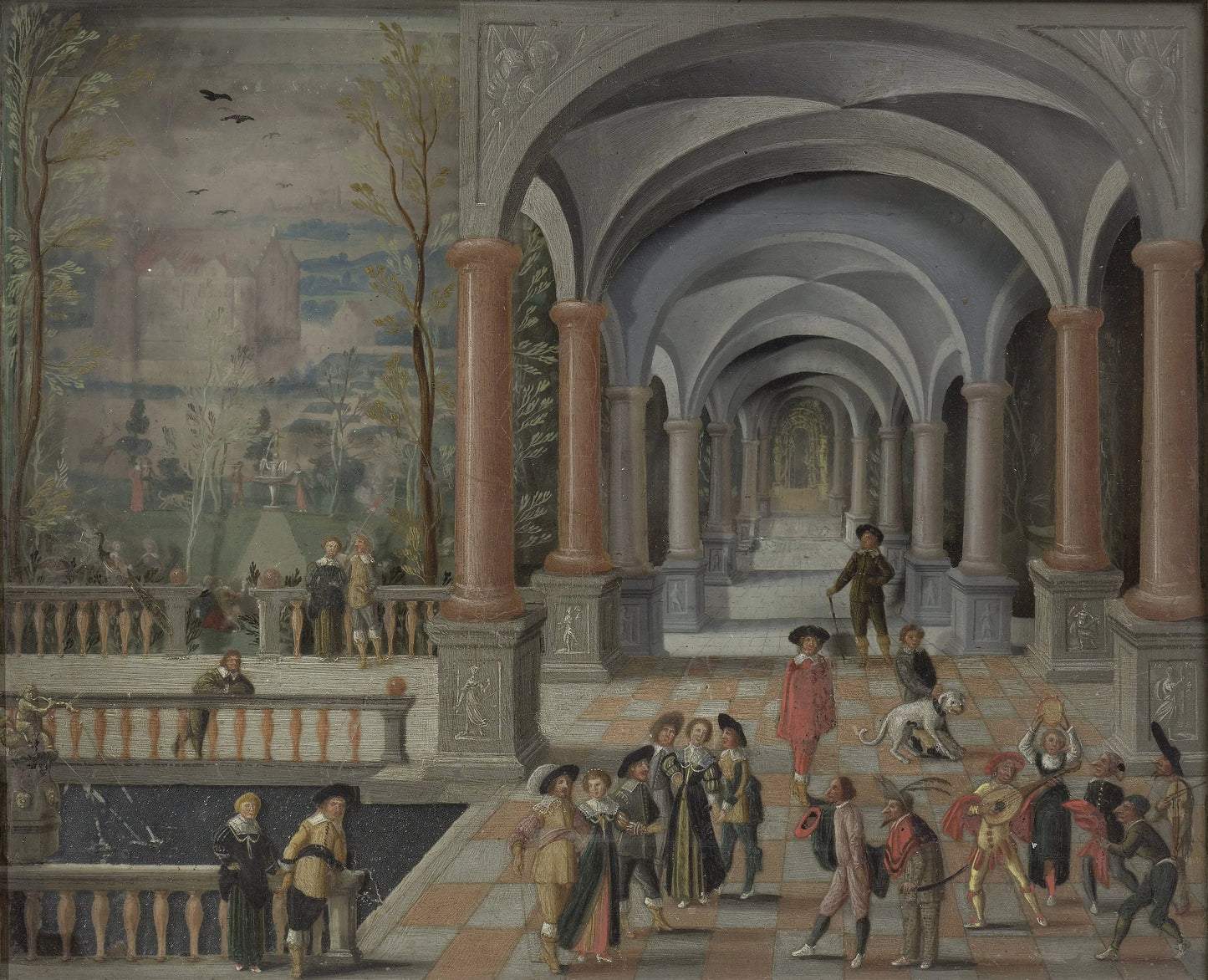 Festive Gathering and Figures from a Commedia dell'Arte in a Gallery – Monogrammist DB (schilder) Vintage Art Print | Wall Art Poster