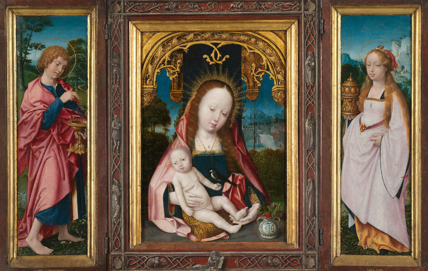 Triptych with Virgin and Child, Saint John the Evangelist (left wing) and Mary Magdalene (right wing) – Jan Provoost Vintage Bird Study Art Print | Wall Art Poster