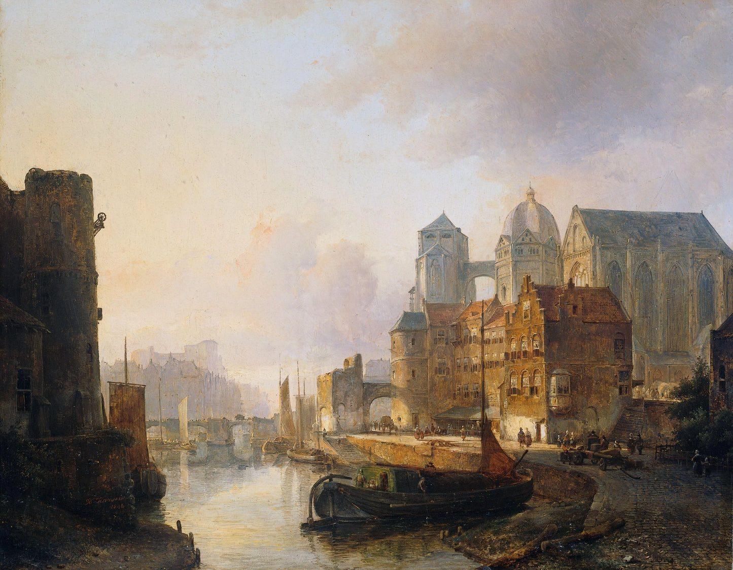 View of a Town on a River – Kasparus Karsen (eigenhandig gesigneerd) Vintage River Scene Art Print | Wall Art Poster