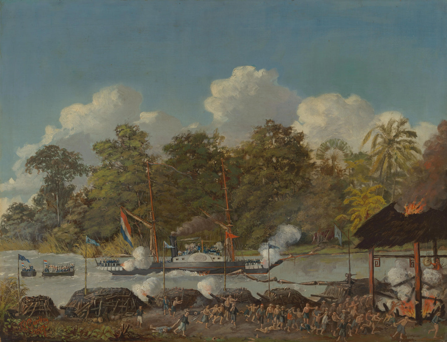 Tafereel uit de 'Kongsi-oorlogen', West-Kalimantan 1853 – Frederik Lambertus Geerling Vintage Art Print | Wall Art Poster