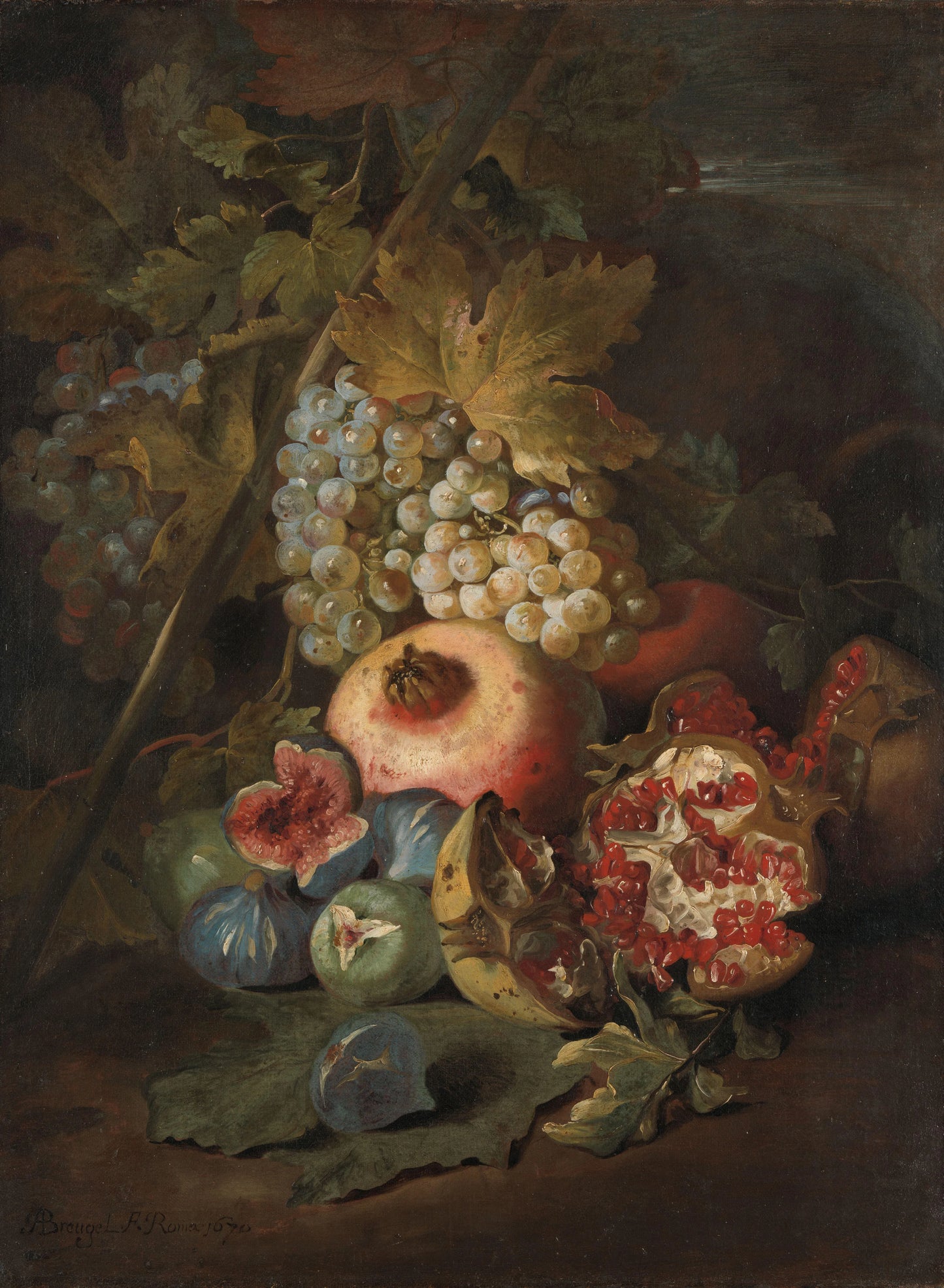 Bunches of Grapes, Pomegranates and Figs in a Landscape – Abraham Brueghel Vintage Landscape Art Print | Wall Art Poster