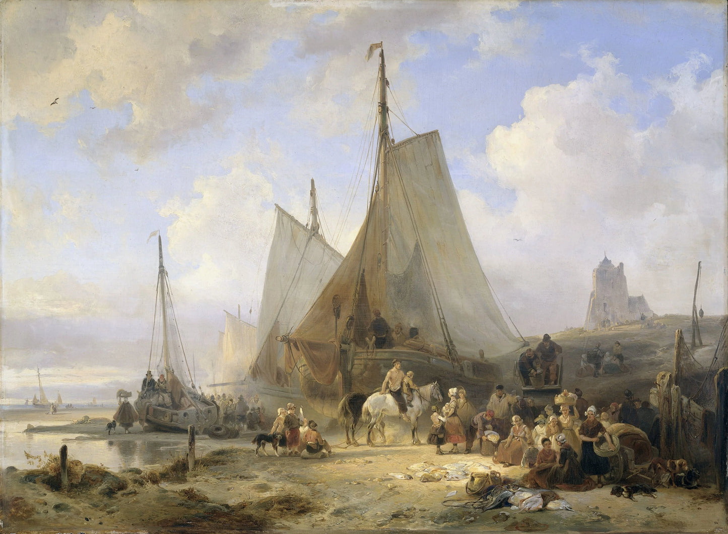Fishing Boats on the Beach with Fishermen and Women Sorting the Catch – Wijnand Nuijen Vintage Marine Scene Art Print | Wall Art Poster
