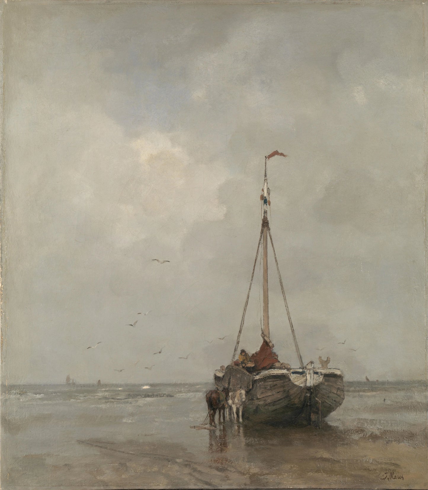 Bluff-bowed Fishing Boat on the Beach at Scheveningen – Jacob Maris Vintage Marine Scene Art Print | Wall Art Poster