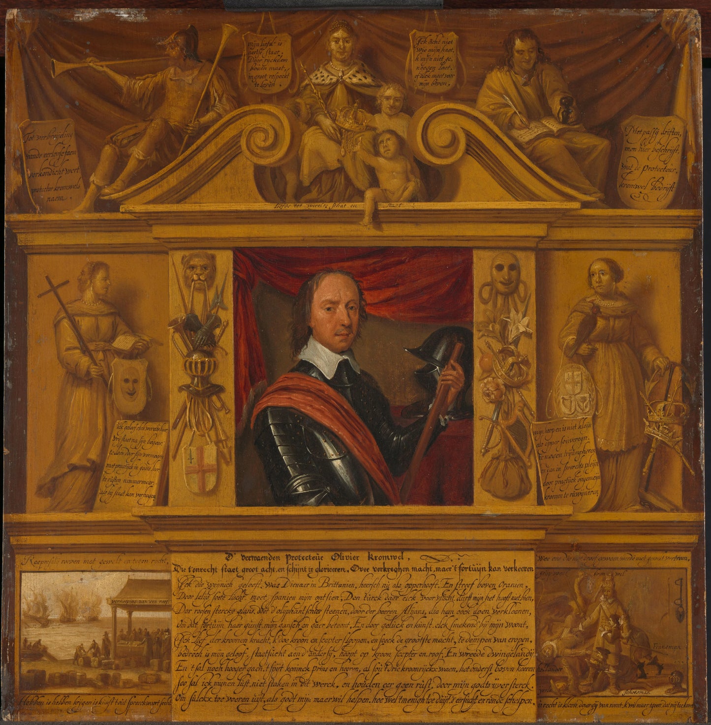 Portrait of Oliver Cromwell, in a Frame with Allegorical Figures and Historical Representations – anonymous Vintage Portrait Art Print | Wall Art Poster