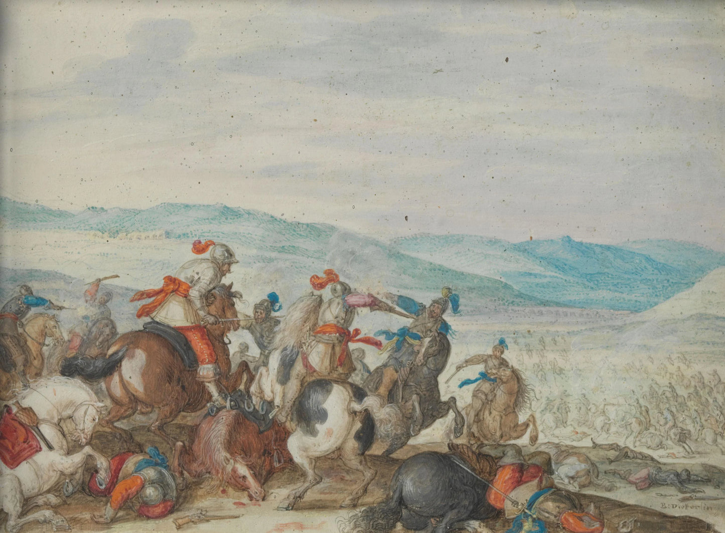 Cavalry Skirmish Mountainous Landscape – Bartholomäus Dietterlin Vintage Landscape Art Print | Wall Art Poster