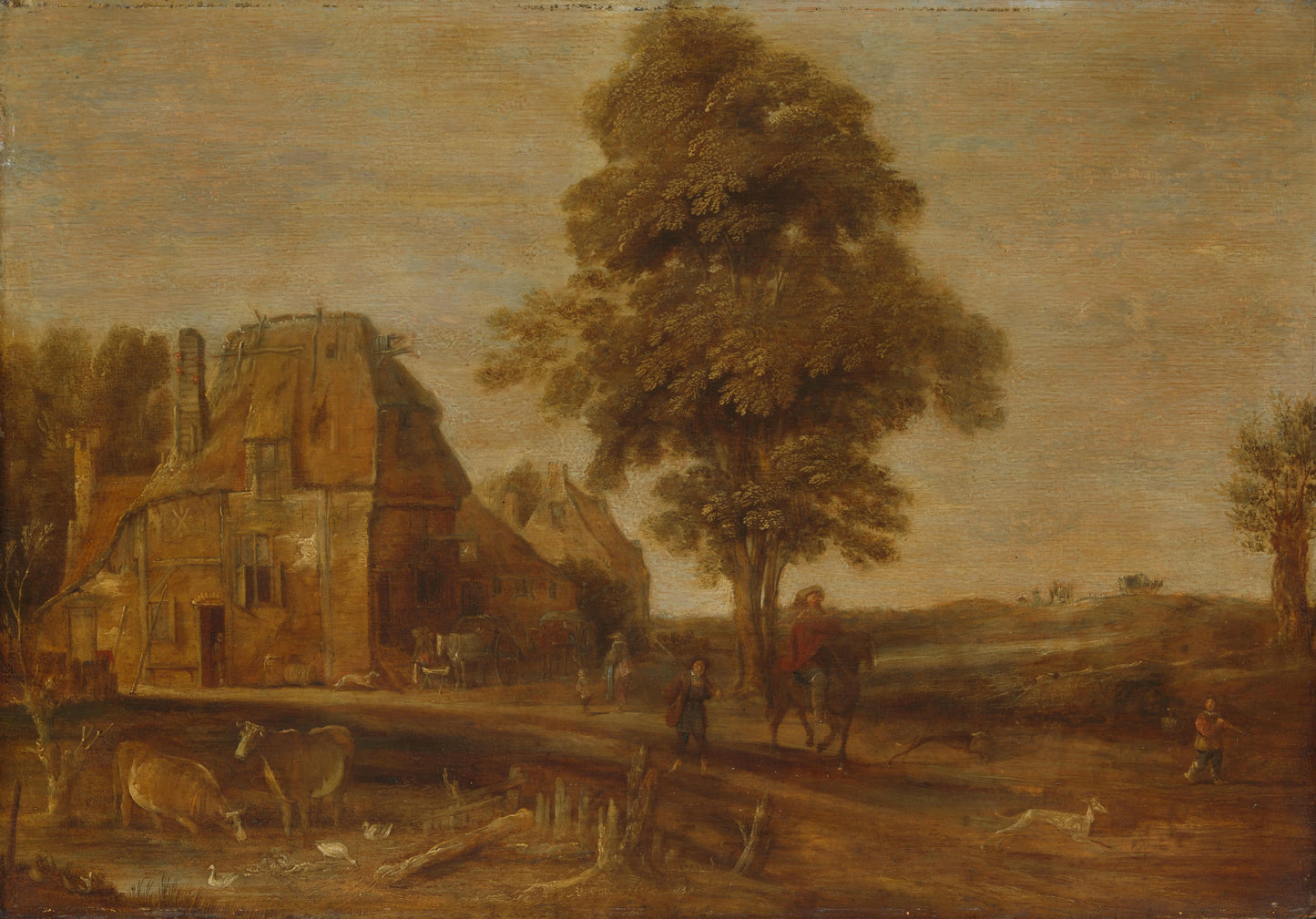 Landscape with an Inn – Aert van der Neer (vermeld op object) Vintage Landscape Art Print | Wall Art Poster