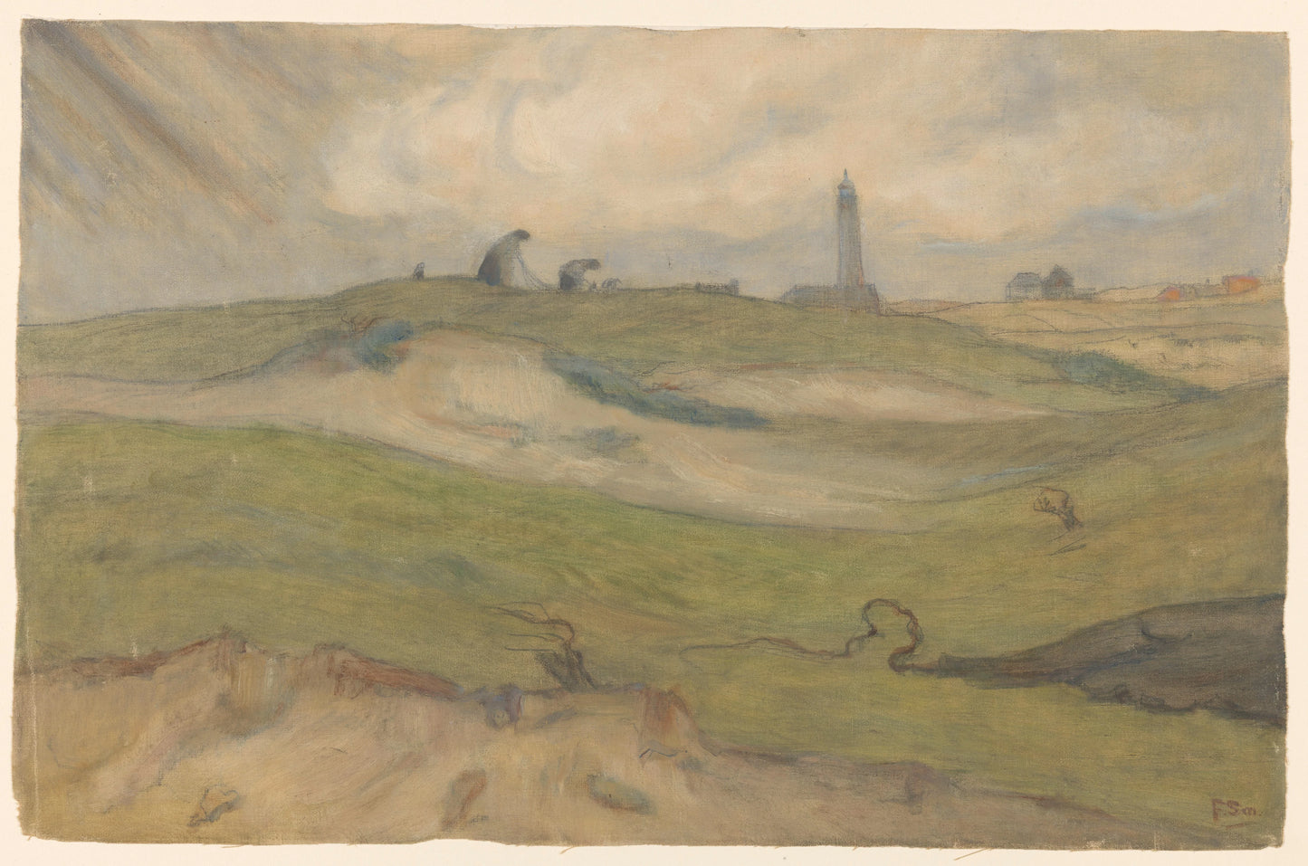 Duinlandschap met vuurtoren en nettenboeters – Frans Smissaert Vintage Art Print | Wall Art Poster