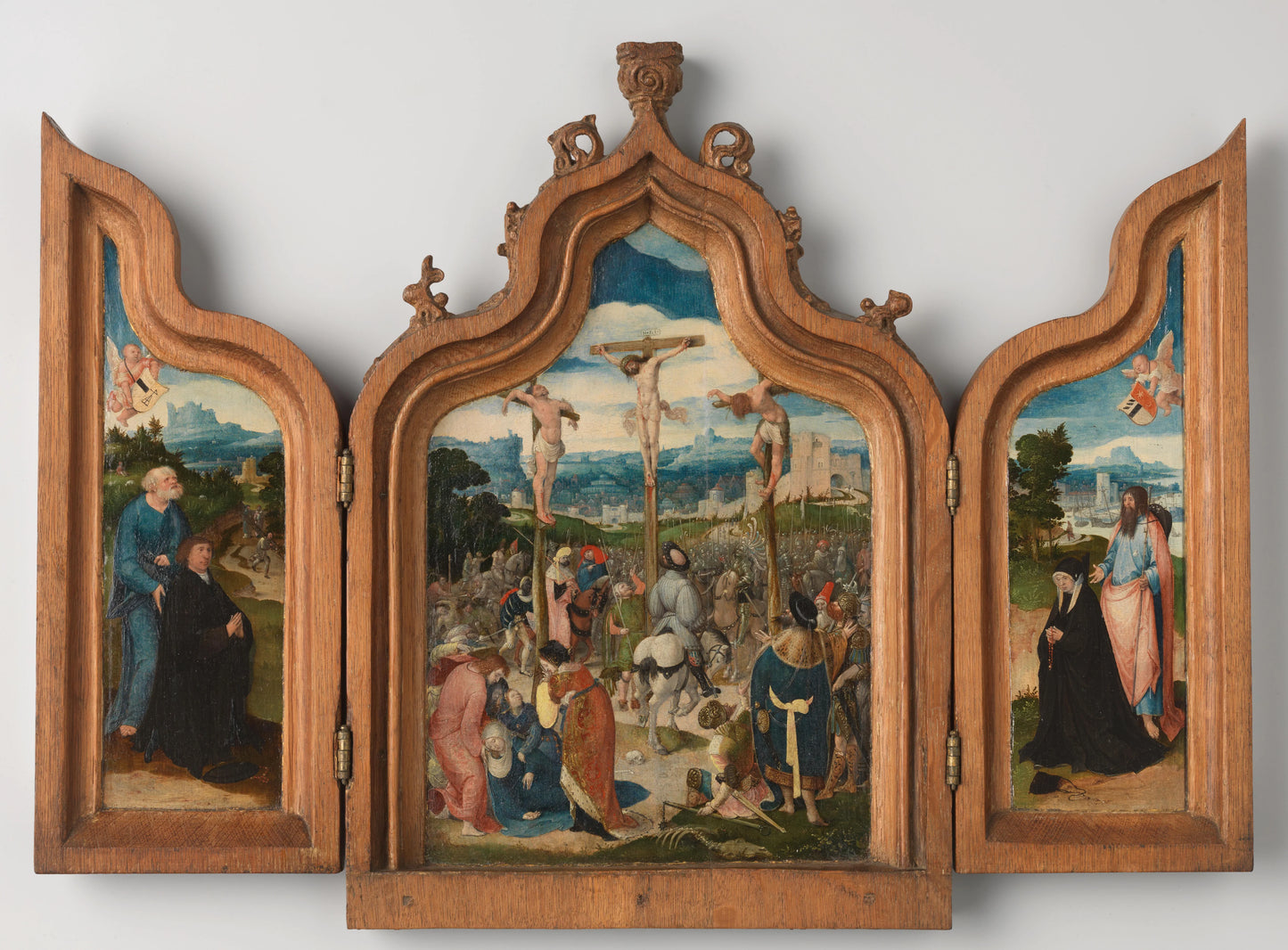 Triptych with the Crucifixion (centre panel), St Peter and a Male Donor (inner left wing), St James and a Female Donor (inner right wing), St Christopher and the Christ Child on the Road of Life (outer wings) – attributed to Pseudo Jan Wellens de Cock Vin