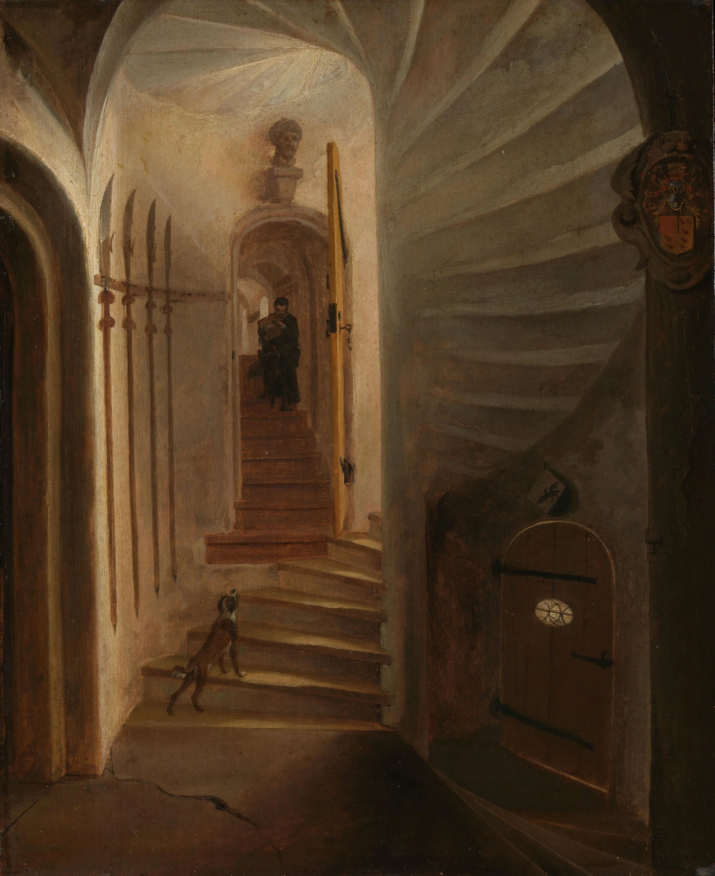 Portal of a stairway tower, with a man descending the stairs: presumably the moment before the assassination of William the Silent in the Ptinsenhof, Delft – toegeschreven aan Egbert Lievensz. van der Poel Vintage Art Print | Wall Art Poster