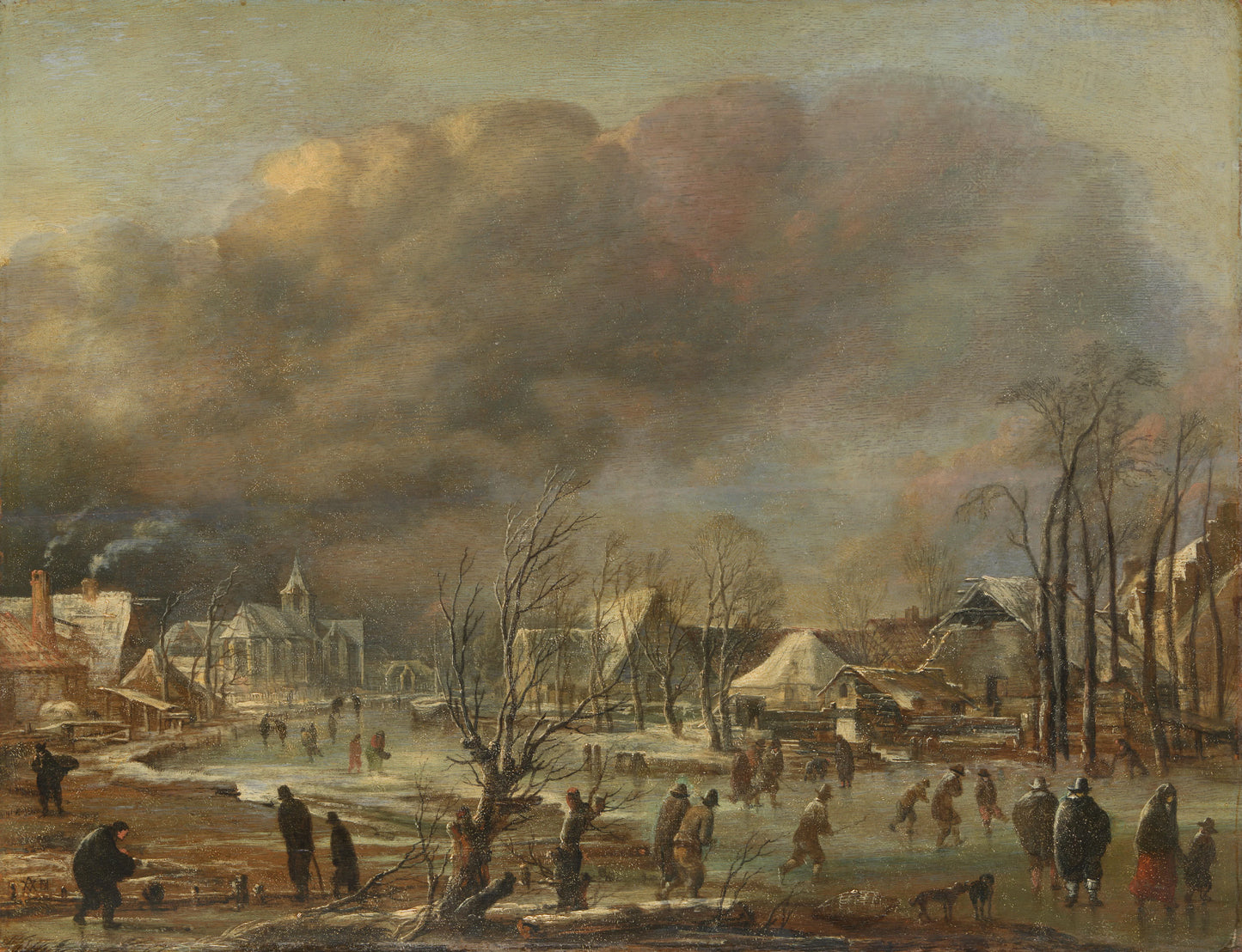 Winter Landscape with Church and Farmhouses – manner of Aert van der Neer Vintage Landscape Art Print | Wall Art Poster