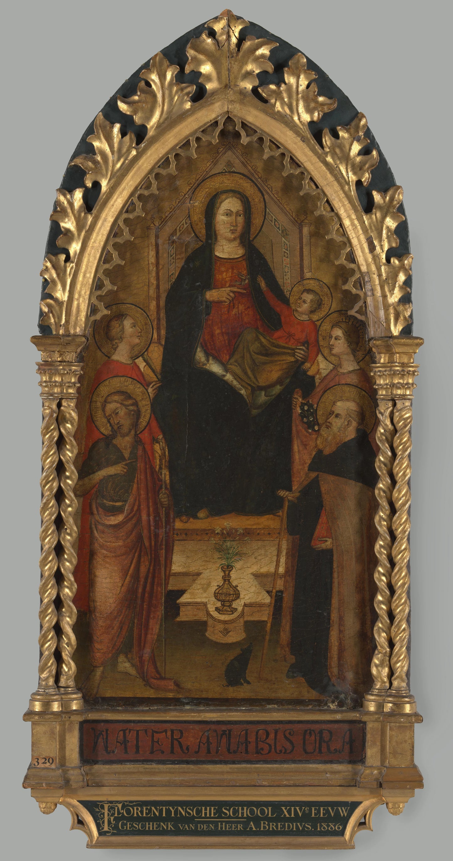Virgin and Child Enthroned with Four Saints, Saints John the Baptist, Antony Abbot, Elizabeth of Hungary, a female saint – anoniem Vintage Art Print | Wall Art Poster
