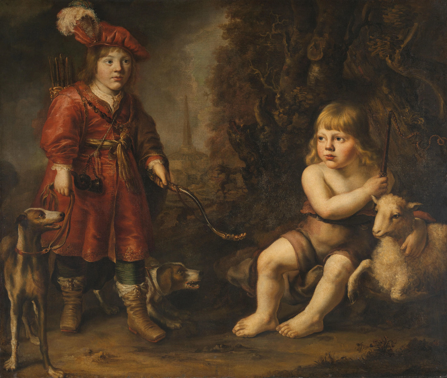 Portraits of two Boys in a Landscape, one dressed as a Hunter, the other St as John the Baptist – Douwe Juwes de Dowe Vintage Portrait Art Print | Wall Art Poster