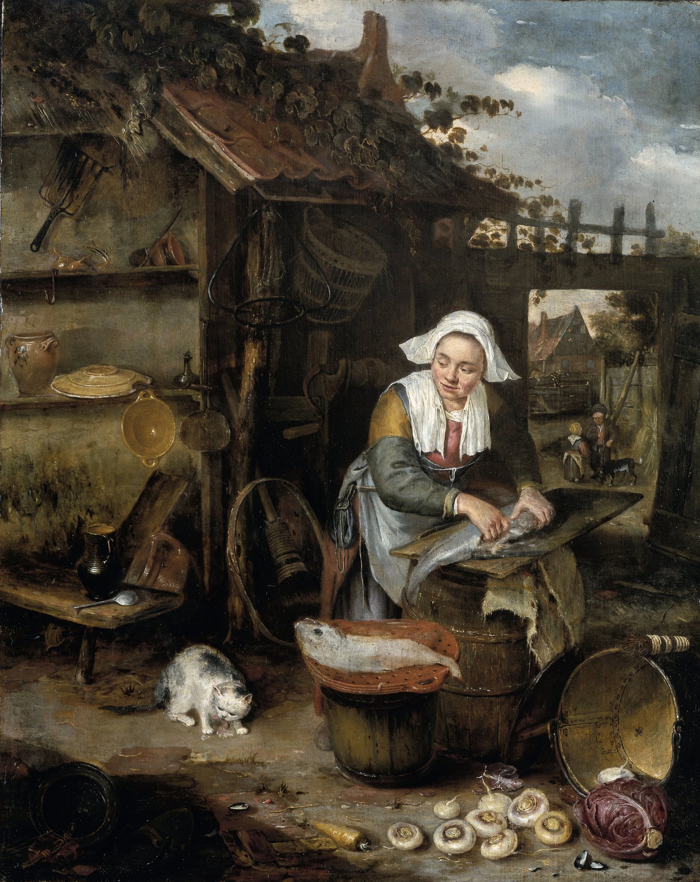 A Housewife in an inner Courtyard Cleaning Fish – Hendrik Potuyl Vintage Art Print | Wall Art Poster