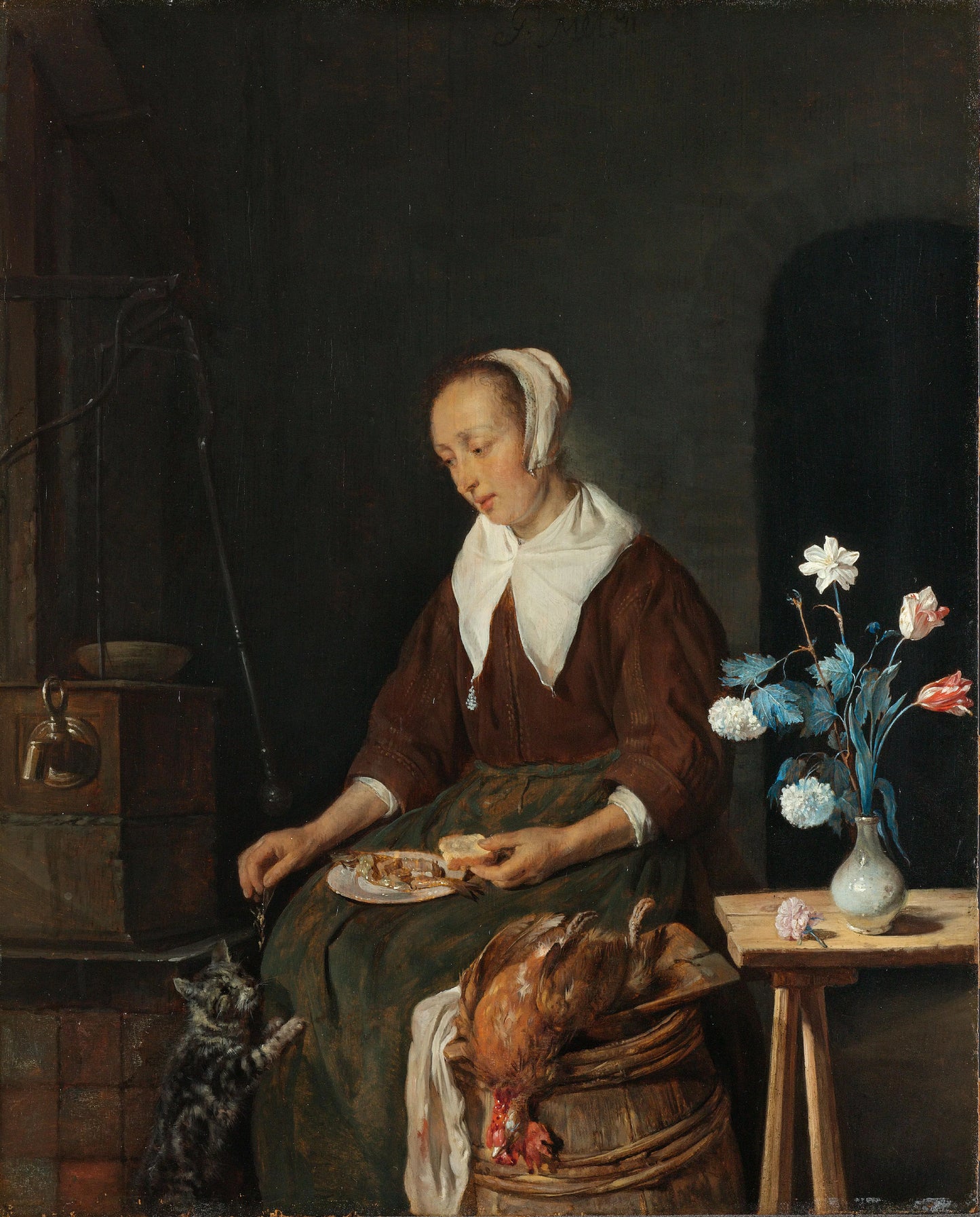 Woman Eating, Known as ‘The Cat’s Breakfast’ – Gabriël Metsu Vintage Floral Art Print | Wall Art Poster