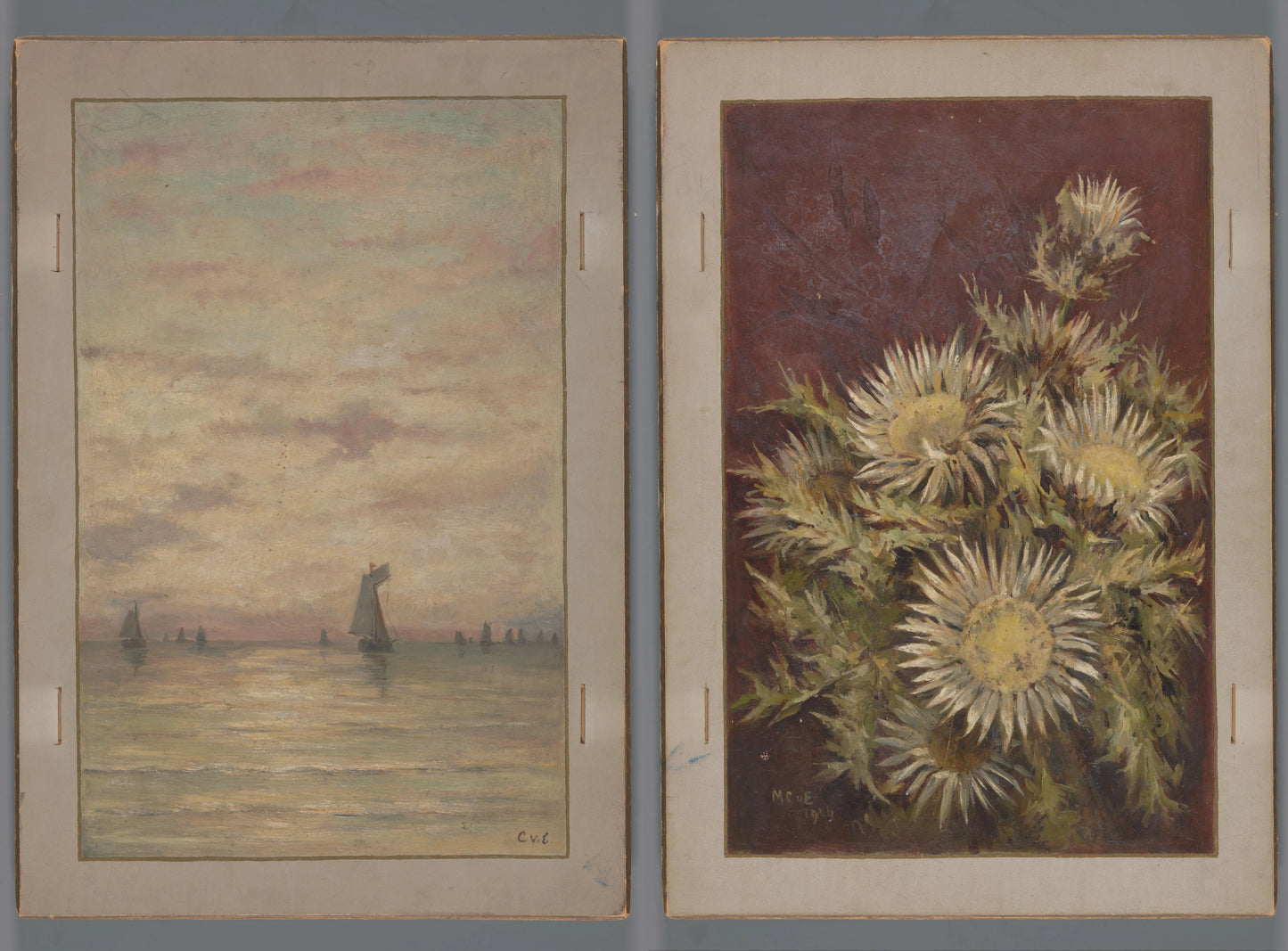 Gezicht op water met zeilschepen en stilleven met zilverdistel – Anna Catharina Maria van Eeghen (eigenhandig gesigneerd) Vintage Landscape Art Print | Wall Art Poster