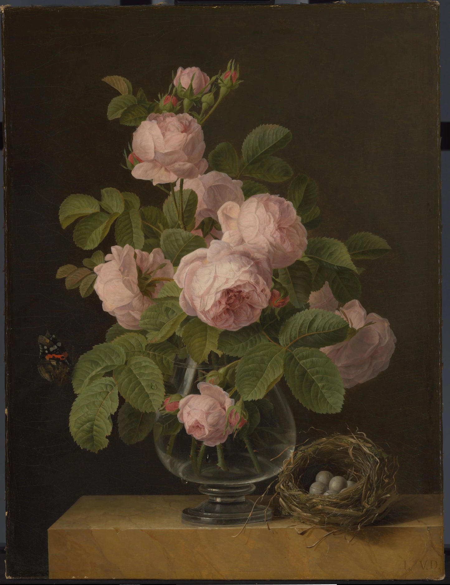 Stilleven met rozen en een vogelnestje – Jan Frans van Dael Vintage Art Print | Wall Art Poster