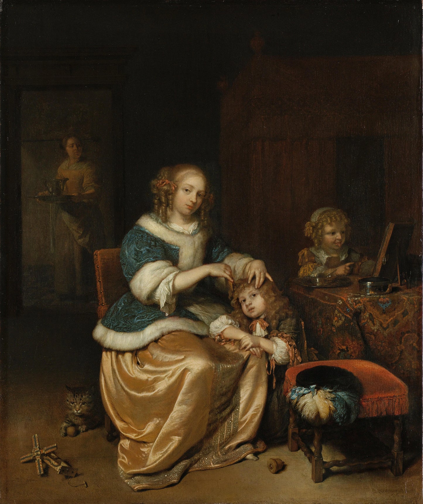 Interior with a Mother Combing her Child’s Hair – Caspar Netscher Vintage Art Print | Wall Art Poster