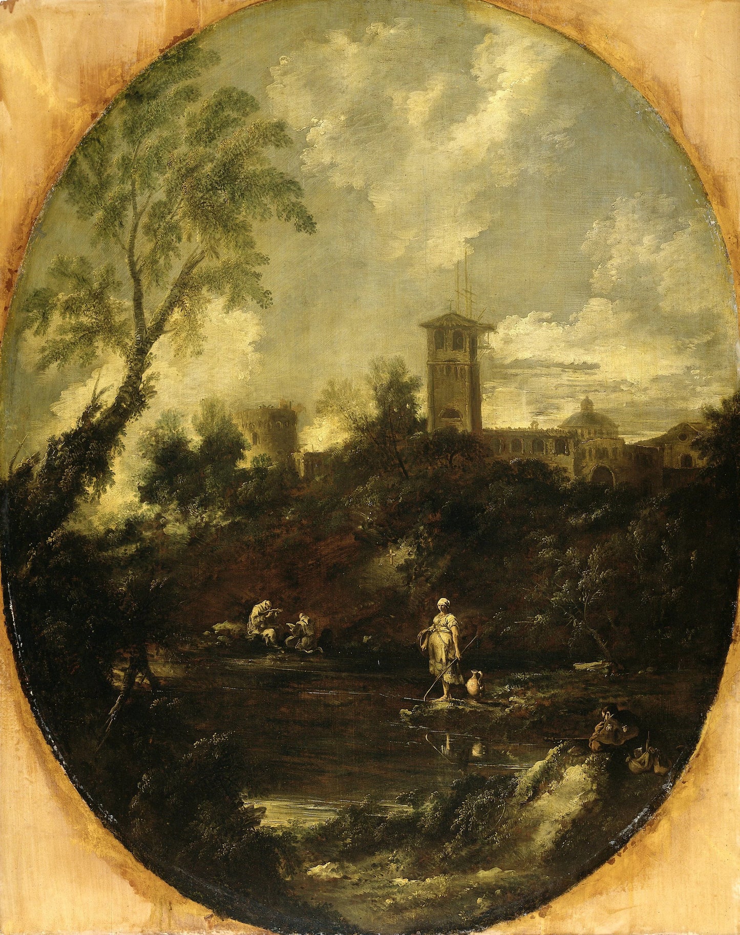 Landscape with Monks, Pilgrim and Peasant Woman – attributed to Antonio Francesco Peruzzini Vintage Landscape Art Print | Wall Art Poster