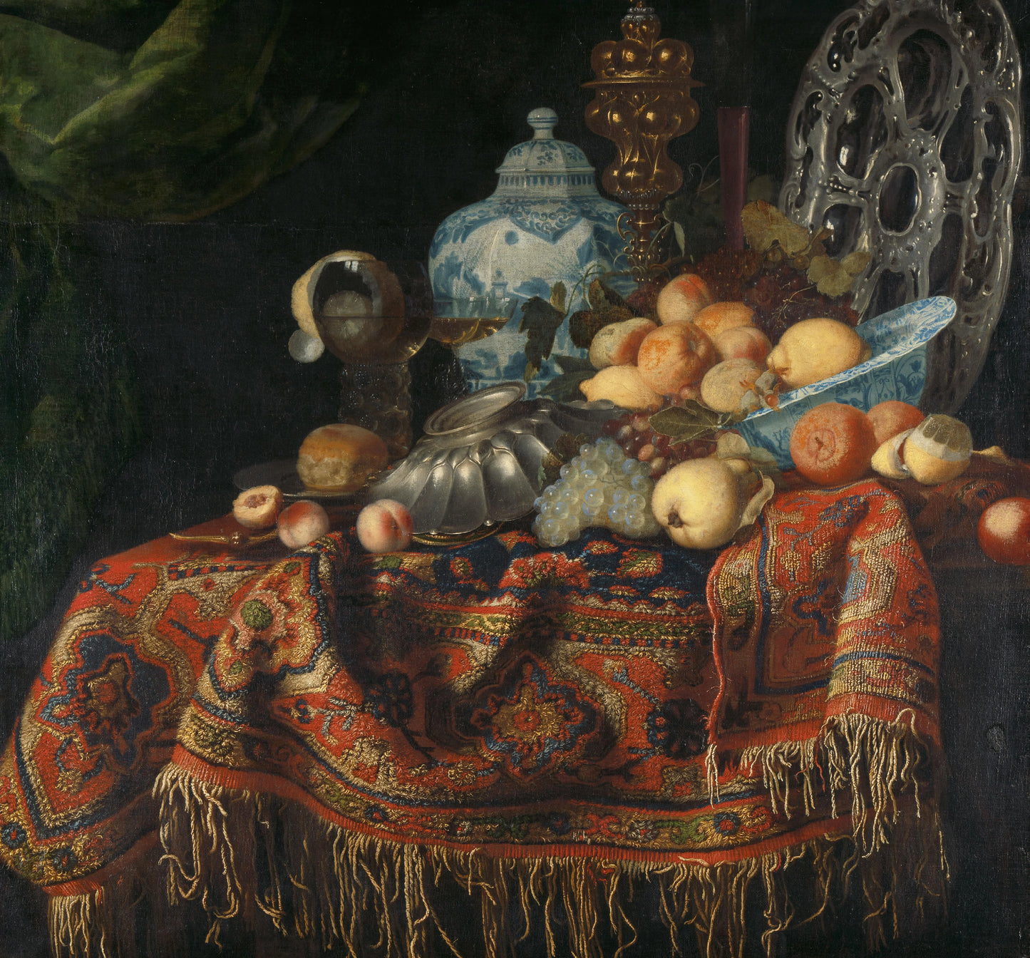 Still Life with Fruit, Plates and Dishes on a Turkey Carpet – attributed to Simon Luttichuys Vintage Still Life Art Print | Wall Art Poster