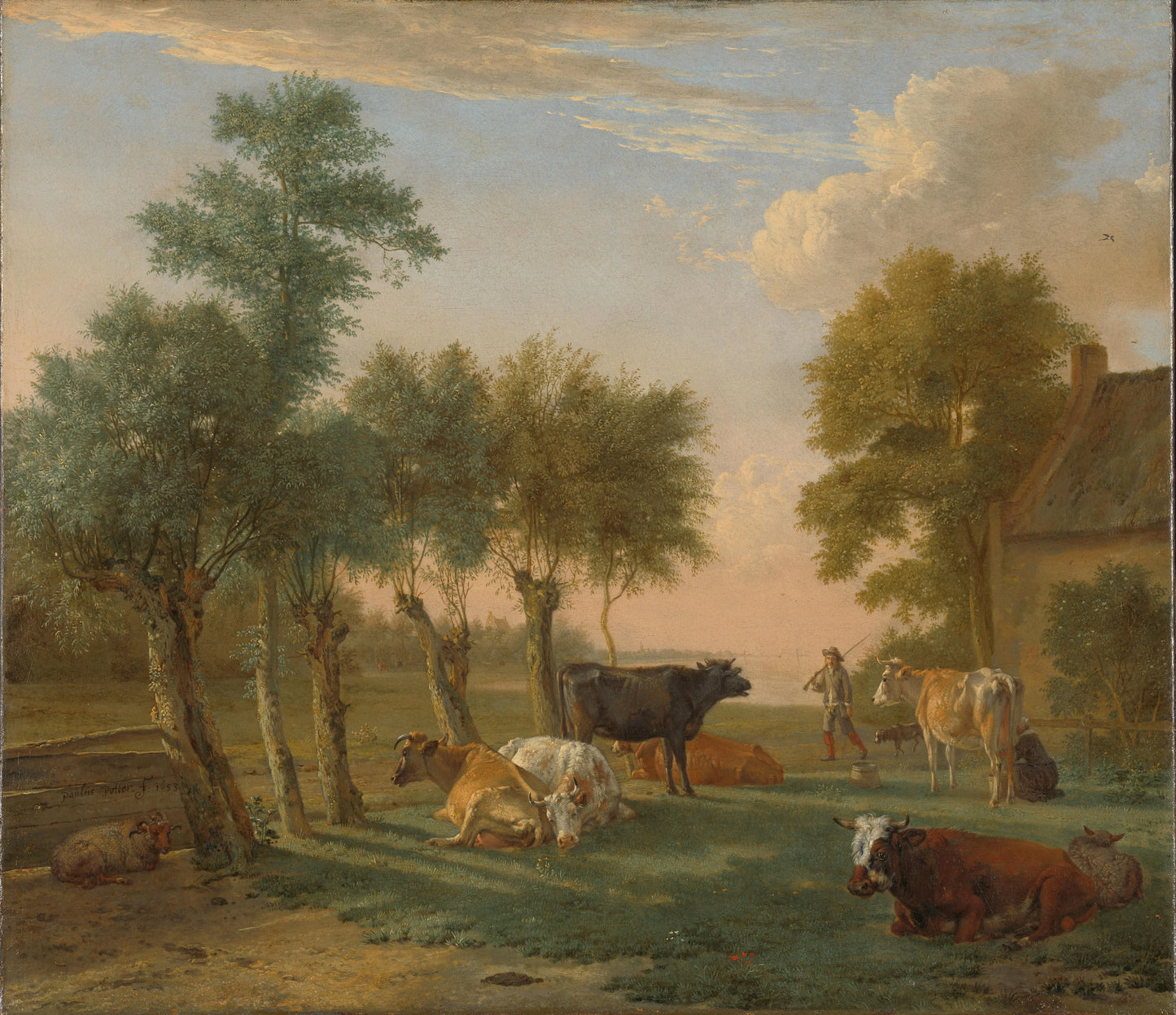 Cows in a meadow near a farm – Paulus Potter Vintage Landscape Art Print | Wall Art Poster