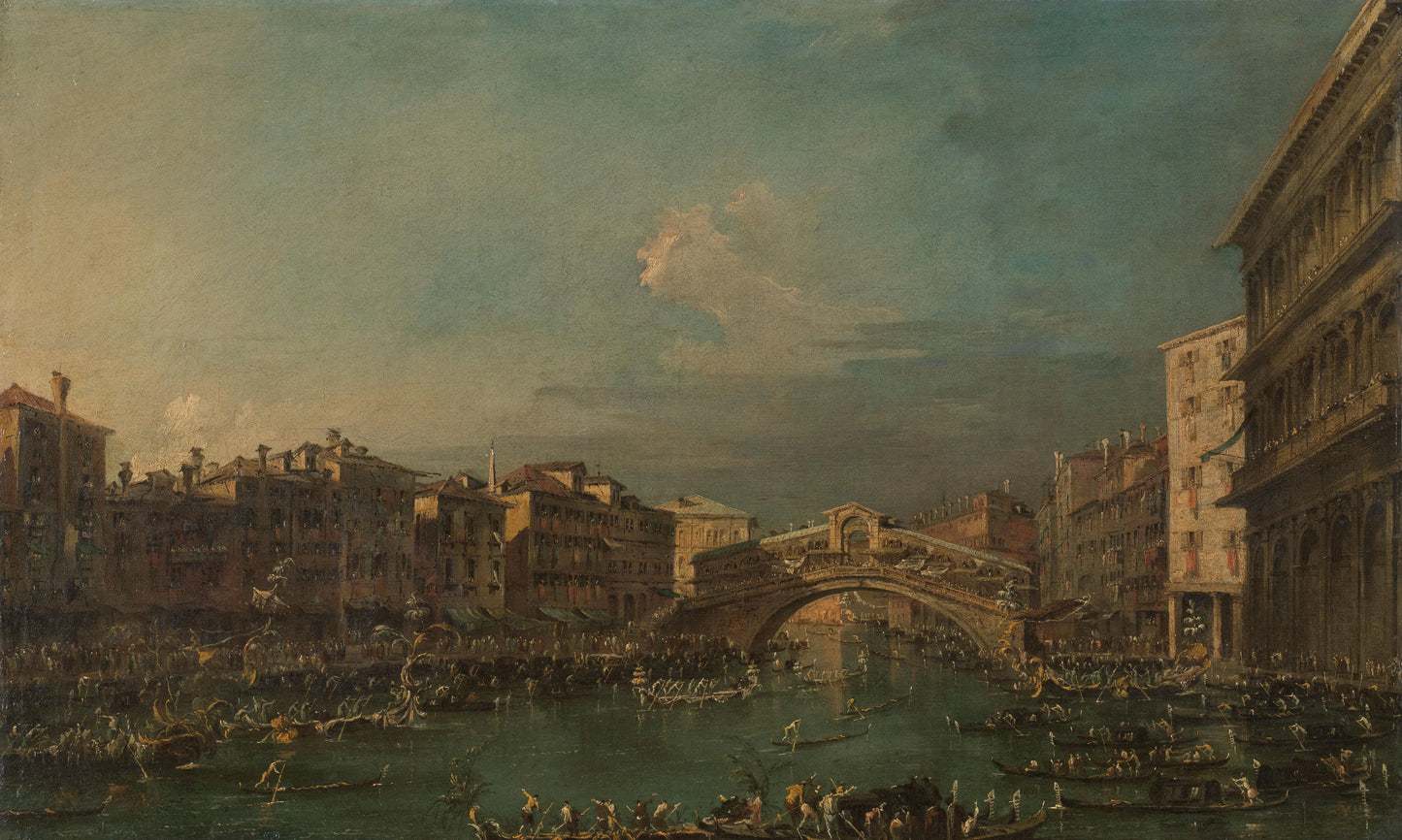 Regatta on the Grand Canal, near the Rialto Bridge, Venice – Francesco Guardi Vintage River Scene Art Print | Wall Art Poster