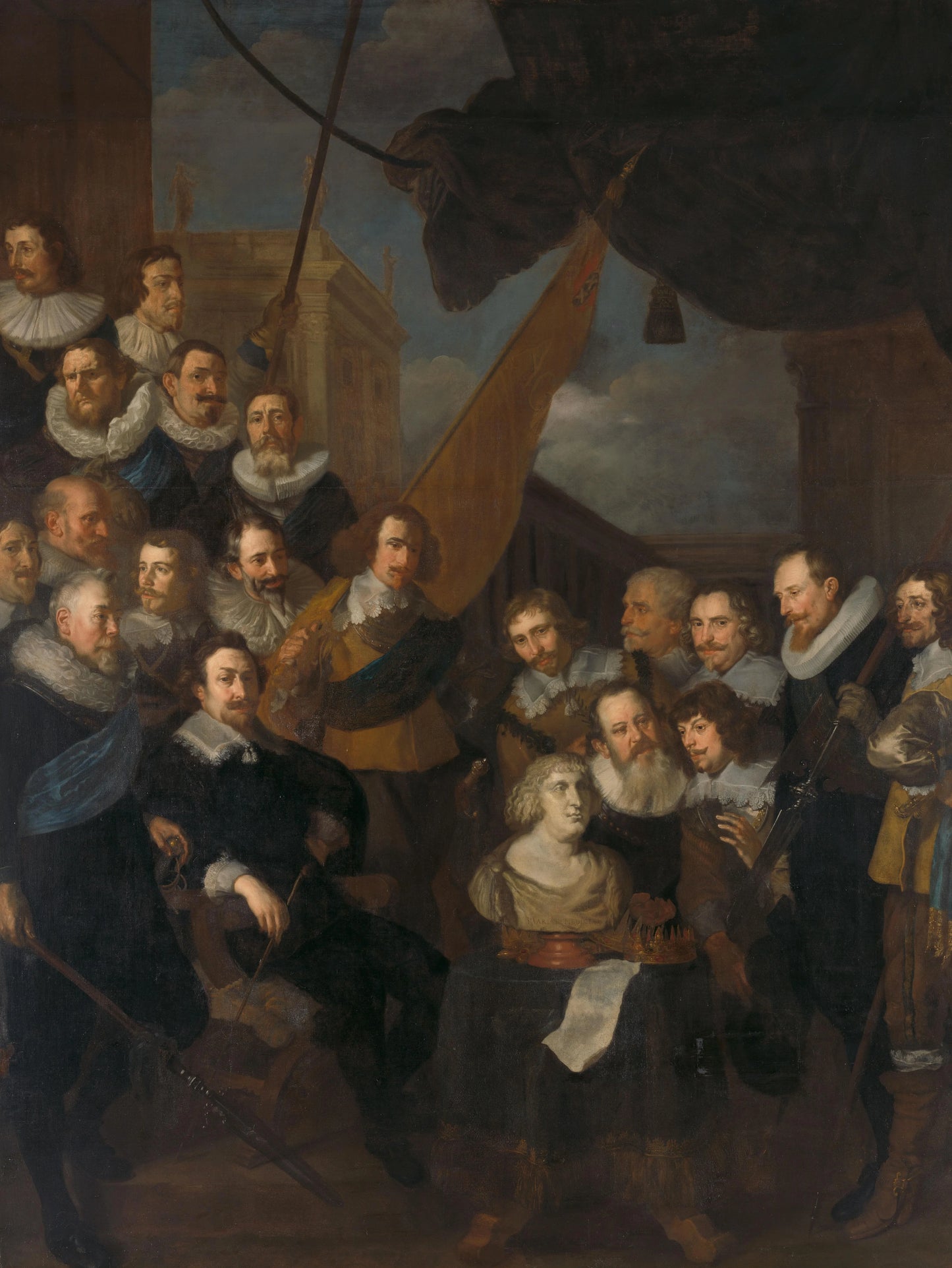 Officers and other Civic Guardsmen of the XIX District of Amsterdam, under the command of Captain Cornelis Bicker and Lieutenant Frederick van Banchem, waiting to welcome Marie de Médicis, 1 September 1638 – Joachim von Sandrart (I) Vintage Portrait Art P